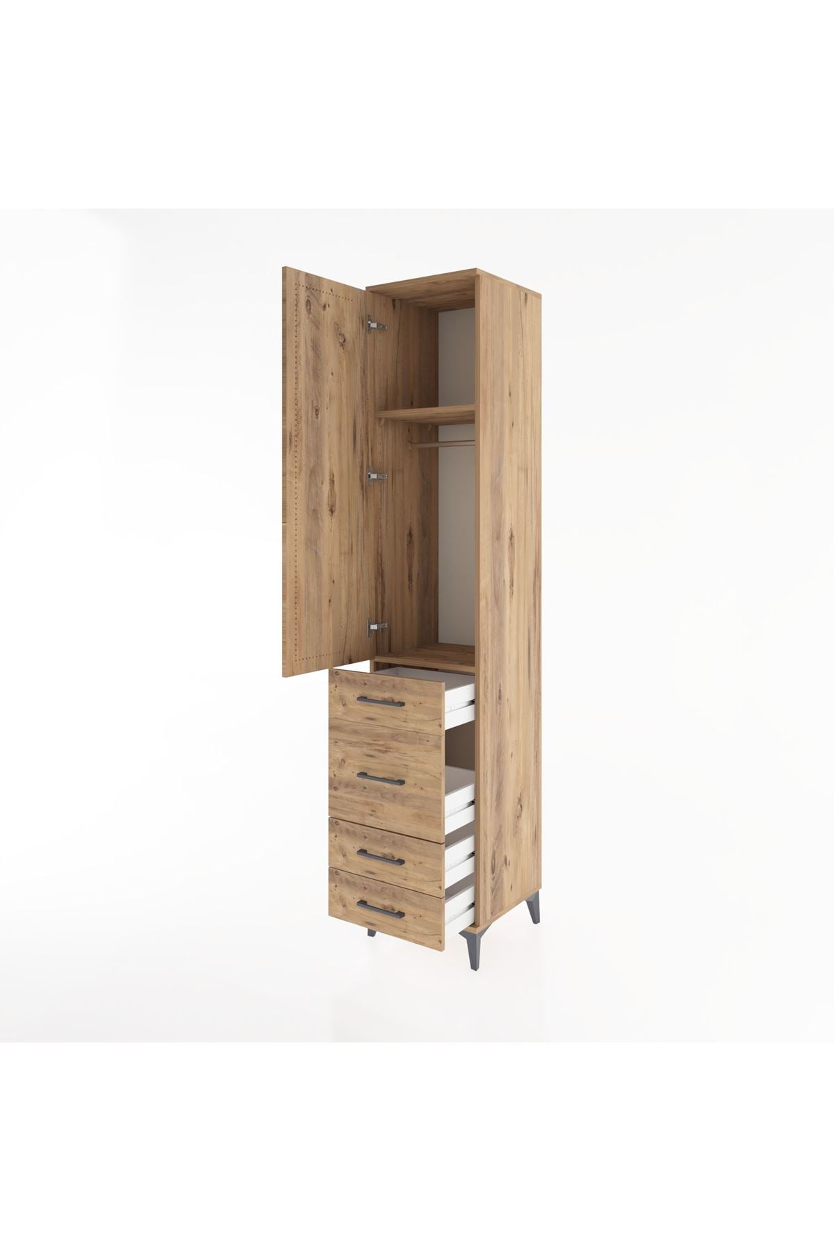 Hyperion Dolap 2 Raflı 4 Çekmeceli Tek Askılı 44x44x221 Çam-Çam