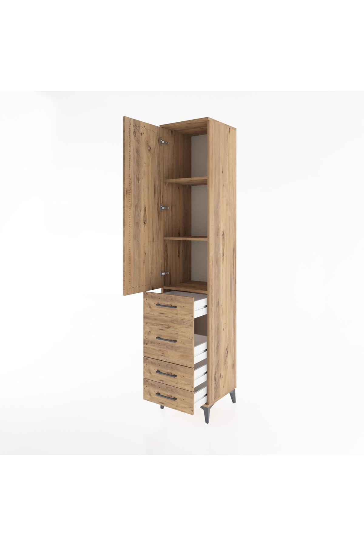 Hyperion Dolap 3 Raflı 4 Çekmeceli Tek Kapaklı 44x44x221 Çam-Çam