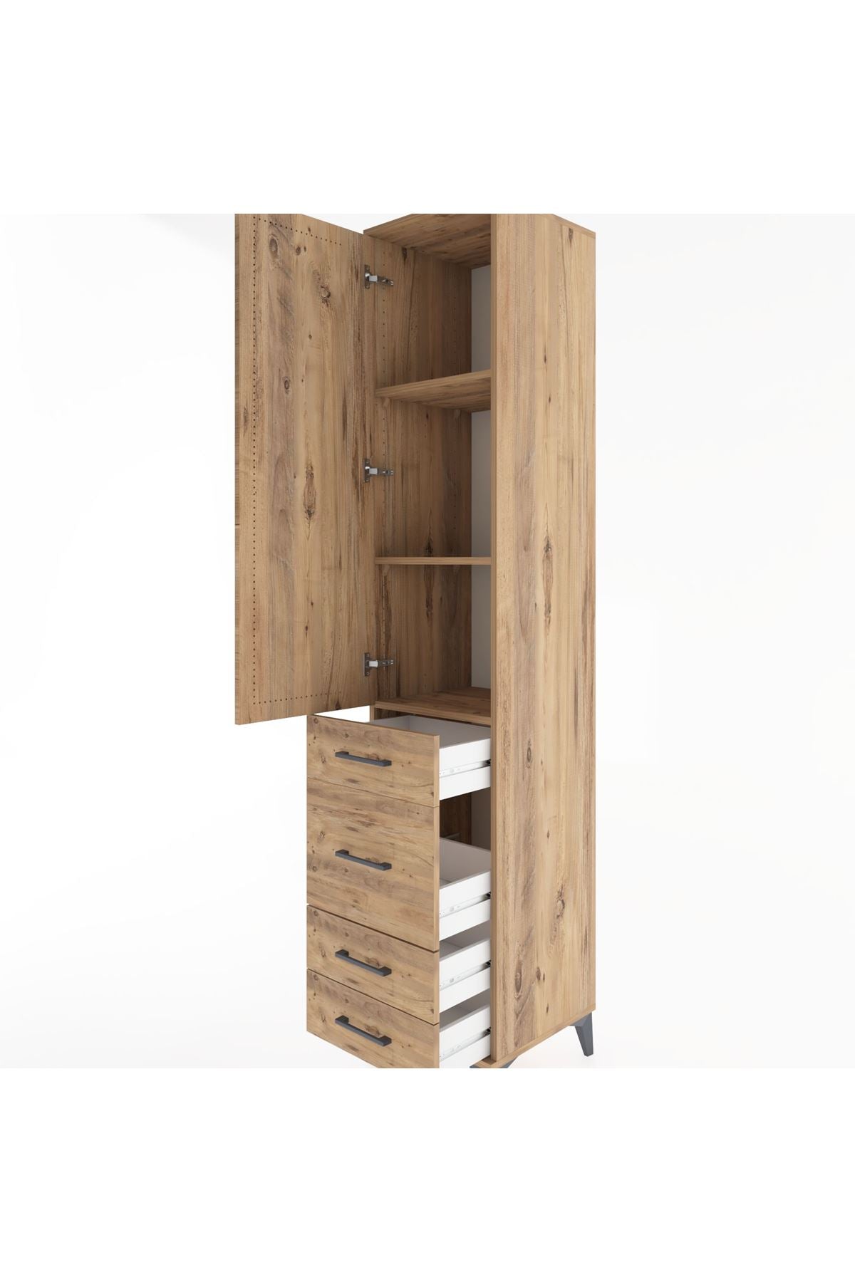 Hyperion Dolap 3 Raflı 4 Çekmeceli Tek Kapaklı 44x44x221 Çam-Çam