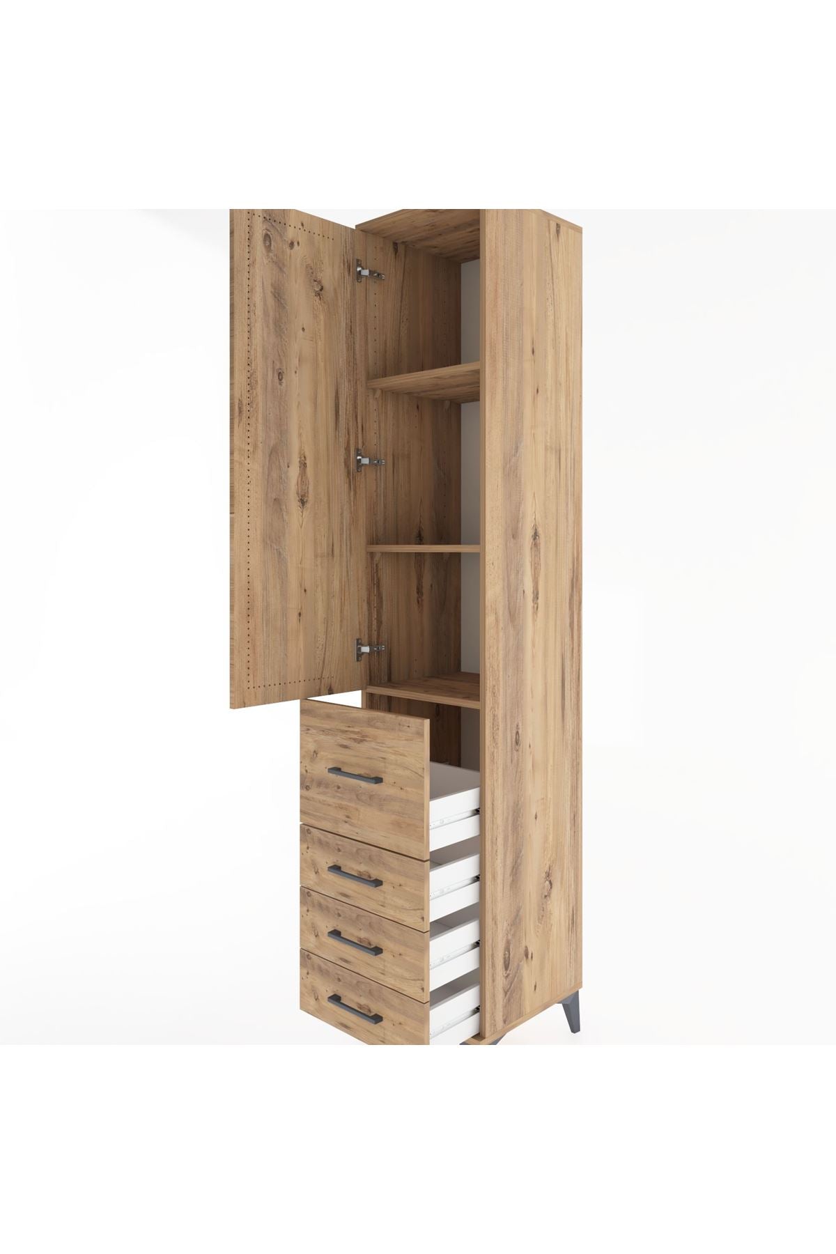 Hyperion Dolap 3 Raflı 4 Çekmeceli Tek Kapaklı 44x44x221 Çam-Çam