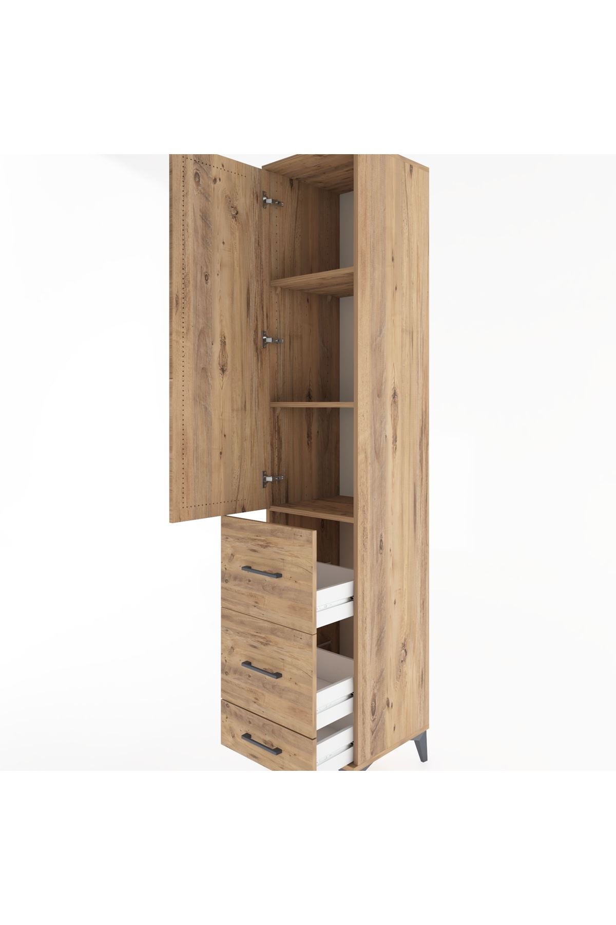 Hyperion Dolap 3 Raflı 3 Çekmeceli Tek Kapaklı 44x44x221 Çam-Çam