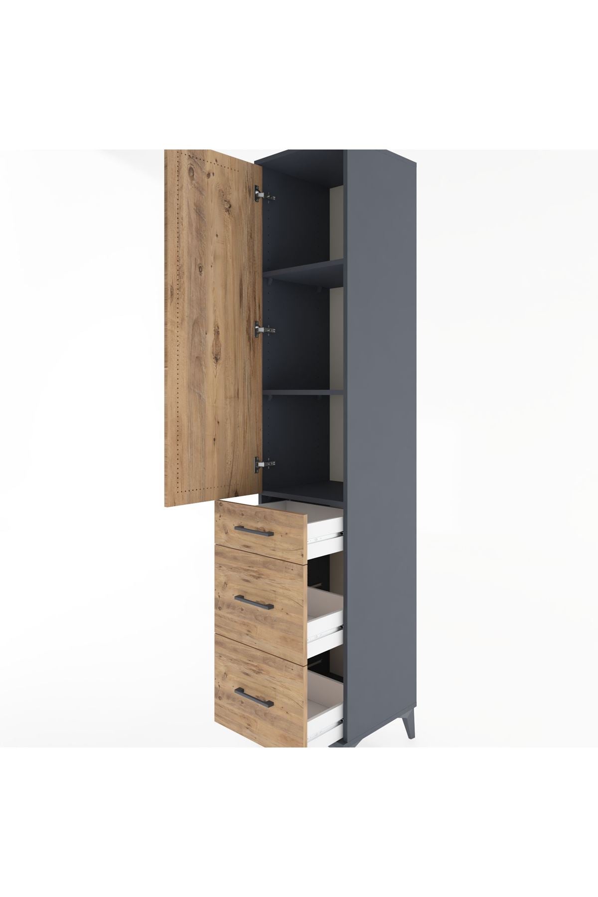 Hyperion Dolap 3 Raflı 3 Çekmeceli Tek Kapaklı 44x44x221 Antrasit-Çam