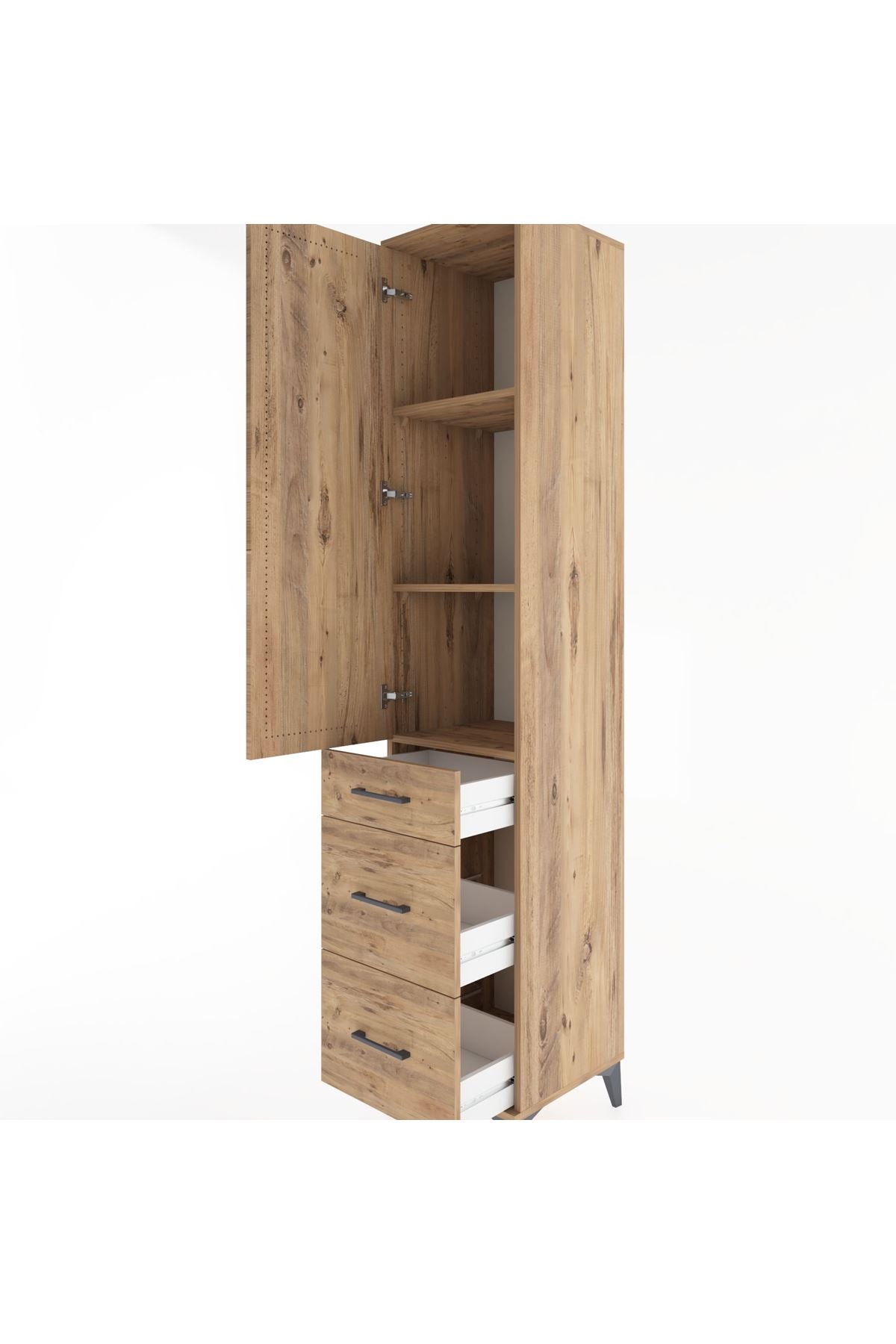 Hyperion Dolap 3 Raflı 3 Çekmeceli Tek Kapaklı 44x44x221 Çam-Çam