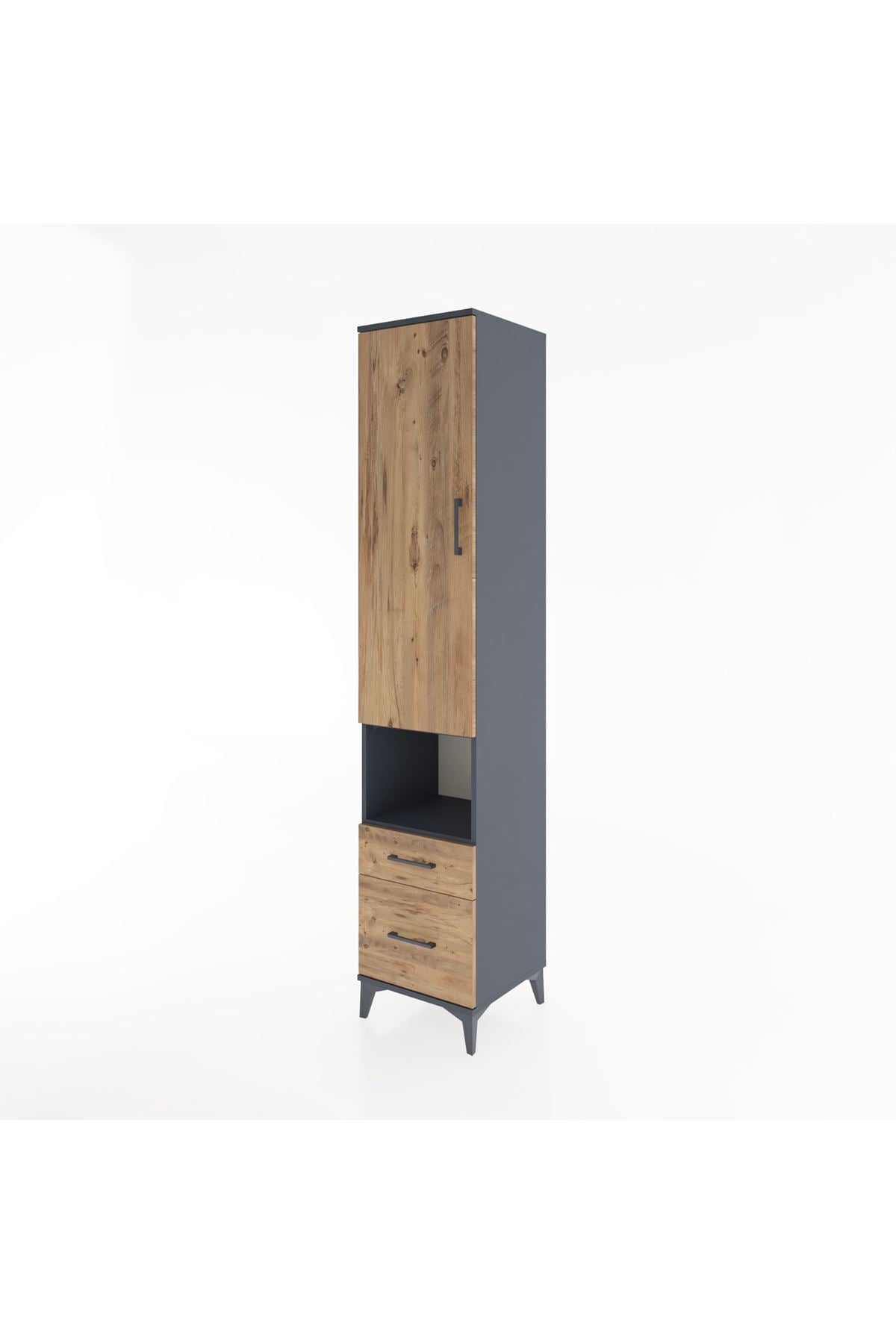 Hyperion Dolap 4 Raflı 2 Çekmeceli Tek Kapaklı 44x44x221 Antrasit-Çam