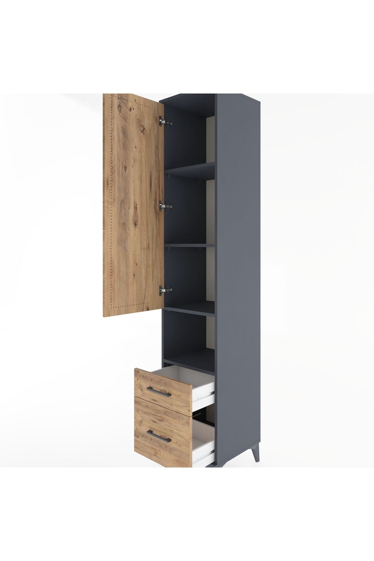 Hyperion Dolap 4 Raflı 2 Çekmeceli Tek Kapaklı 44x44x221 Antrasit-Çam