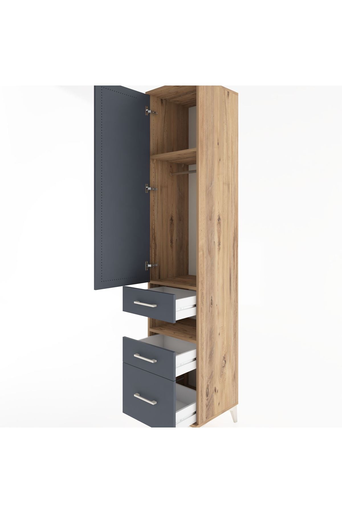 Hyperion Dolap 3 Raflı 3 Çekmeceli Tek Askılı 44x44x221 Çam-Antrasit