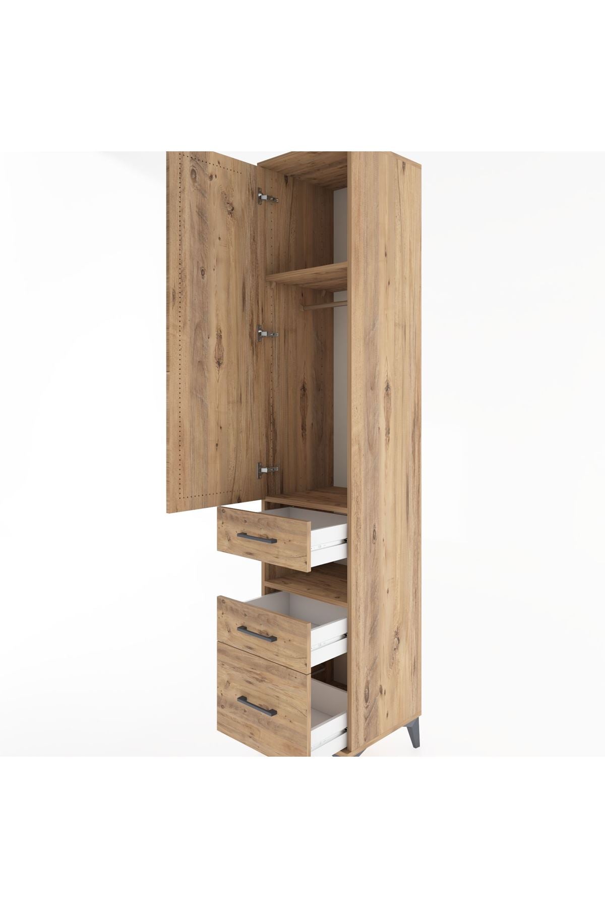 Hyperion Dolap 3 Raflı 3 Çekmeceli Tek Askılı 44x44x221 Çam-Çam