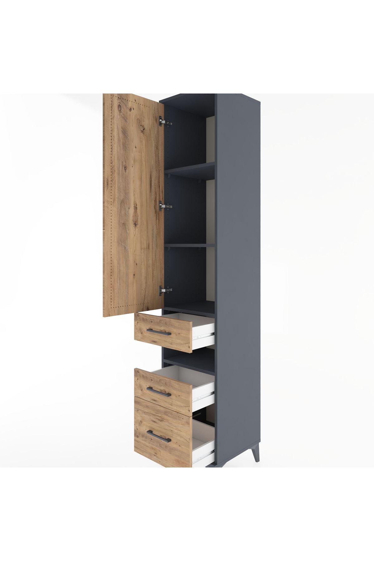 Hyperion Dolap 4 Raflı 3 Çekmeceli Tek Kapaklı 44x44x221 Antrasit-Çam