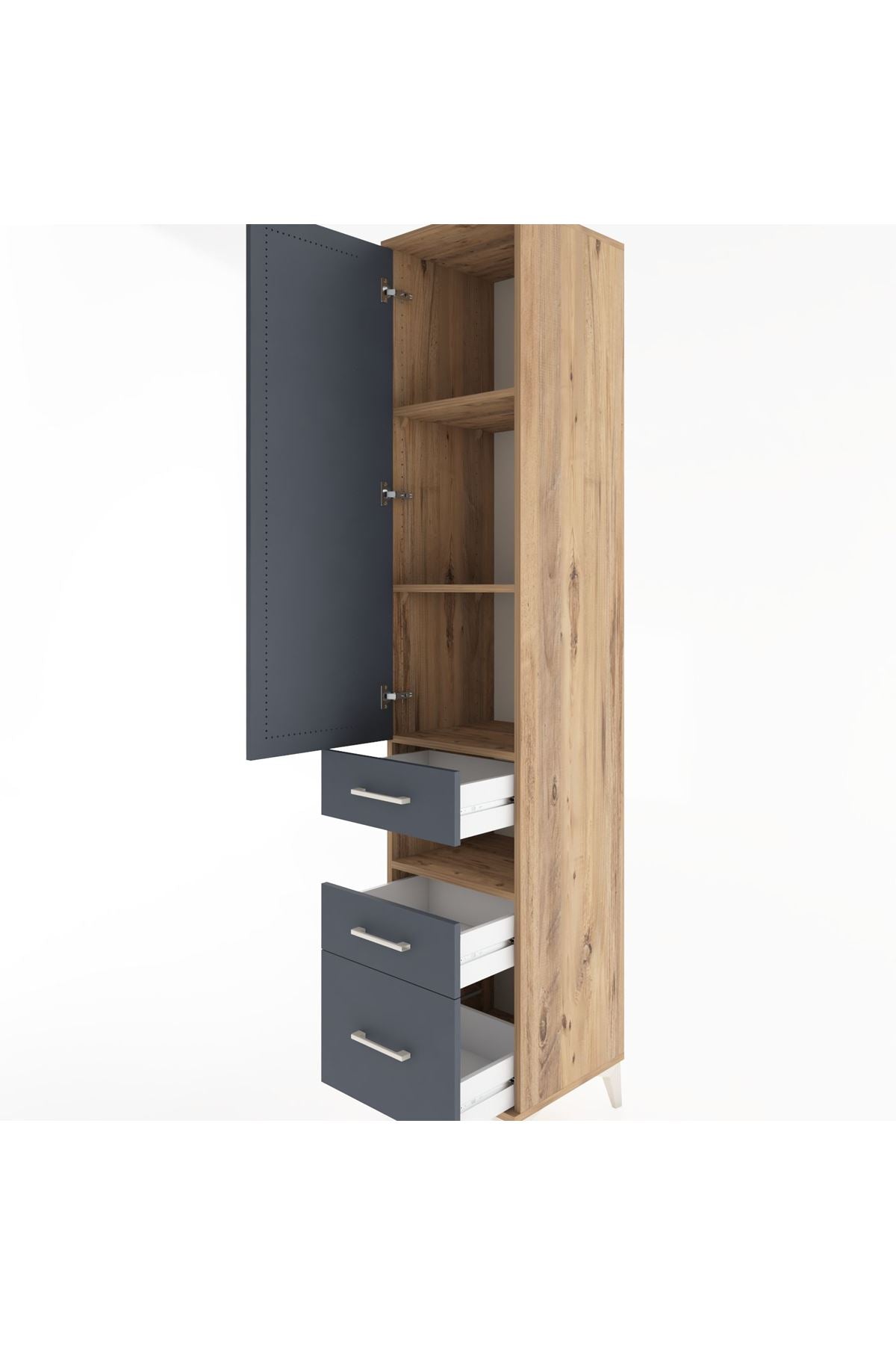 Hyperion Dolap 4 Raflı 3 Çekmeceli Tek Kapaklı 44x44x221 Çam-Antrasit