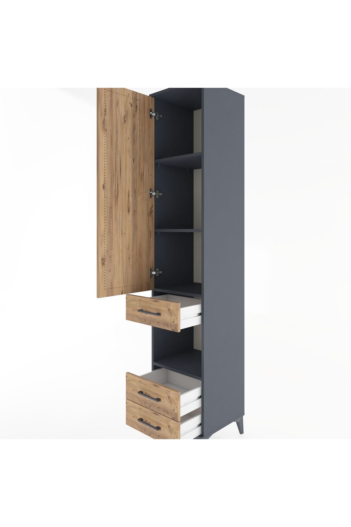 Hyperion Dolap 4 Raflı 3 Çekmeceli Tek Kapaklı 44x44x221 Antrasit-Çam
