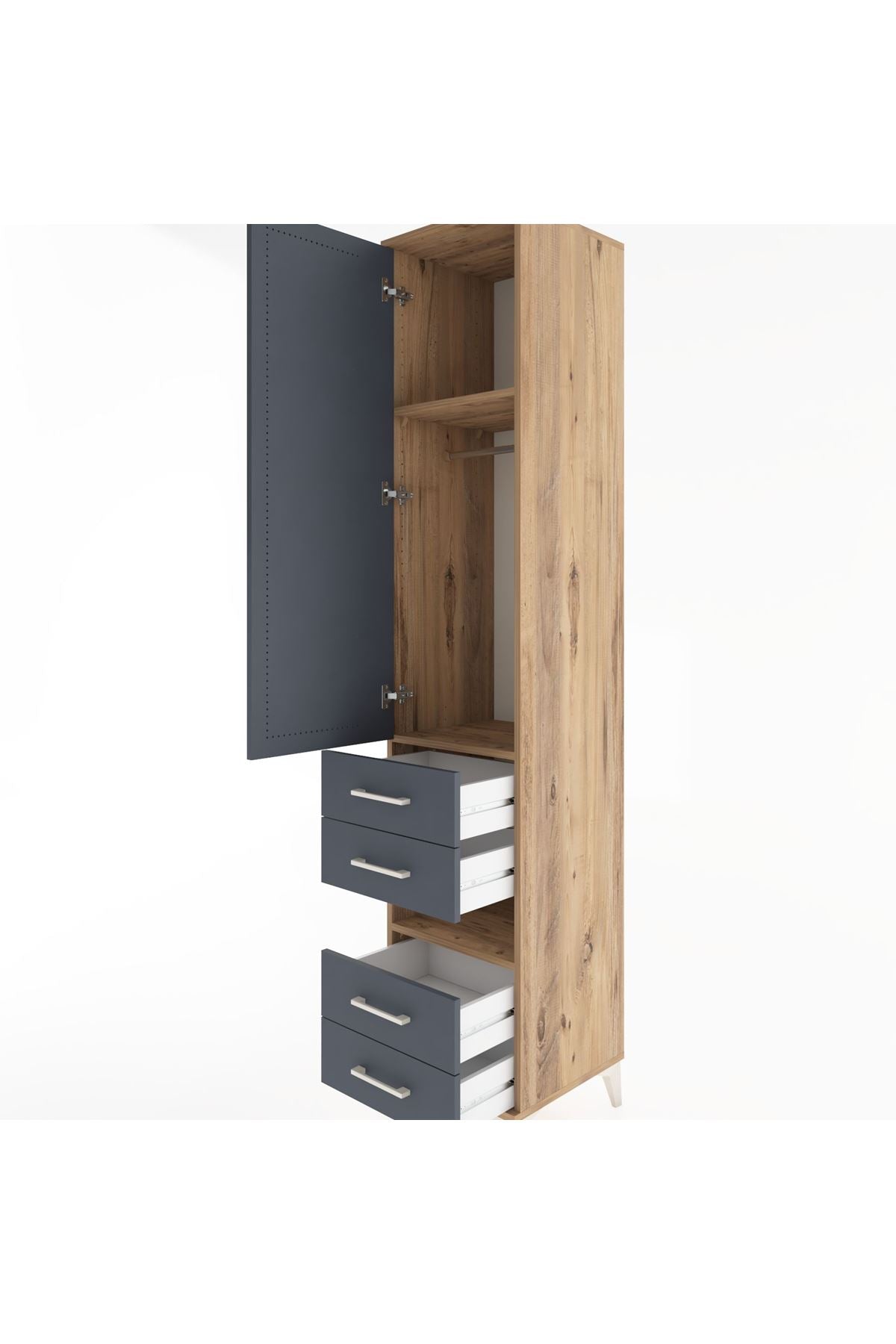 Hyperion Dolap 3 Raflı 4 Çekmeceli Tek Askılı 44x44x221 Çam-Antrasit