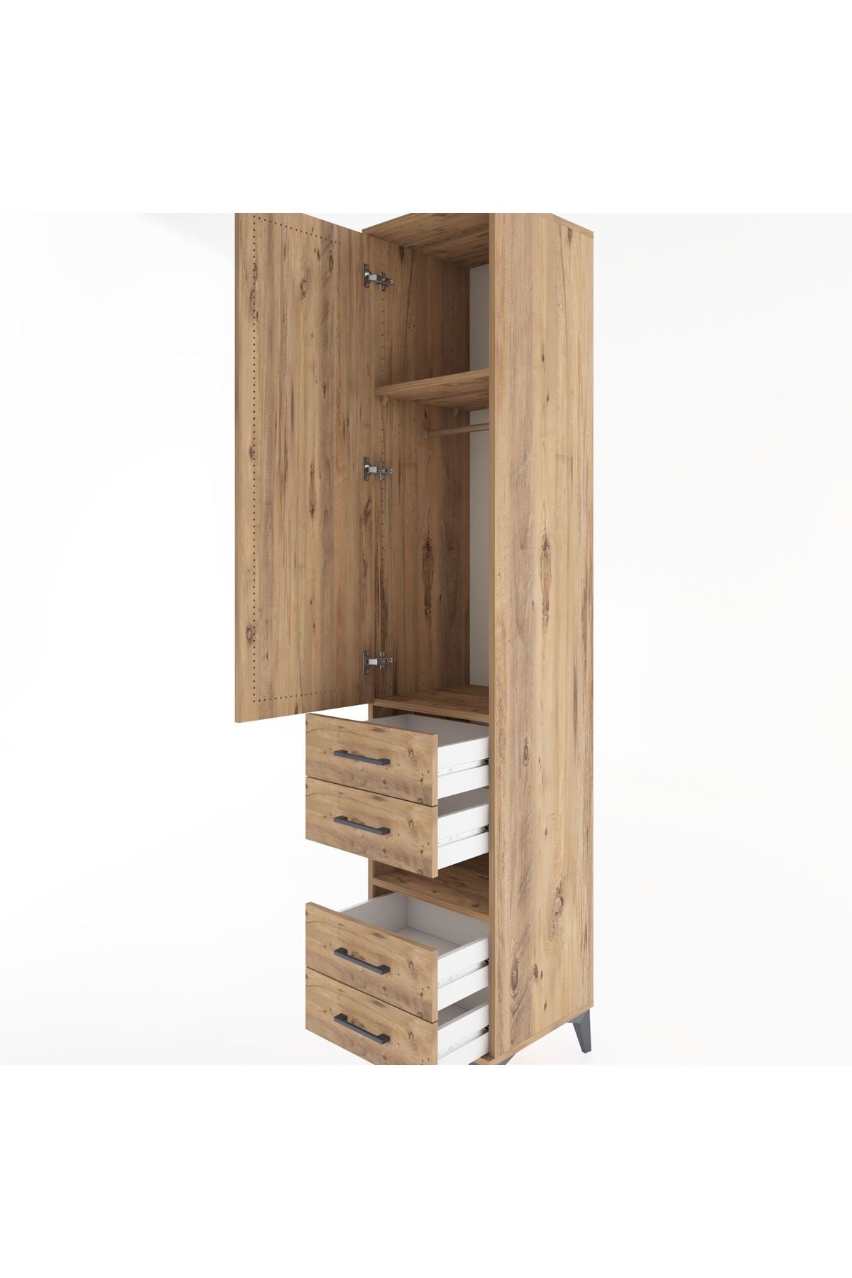 Hyperion Dolap 3 Raflı 4 Çekmeceli Tek Askılı 44x44x221 Çam-Çam