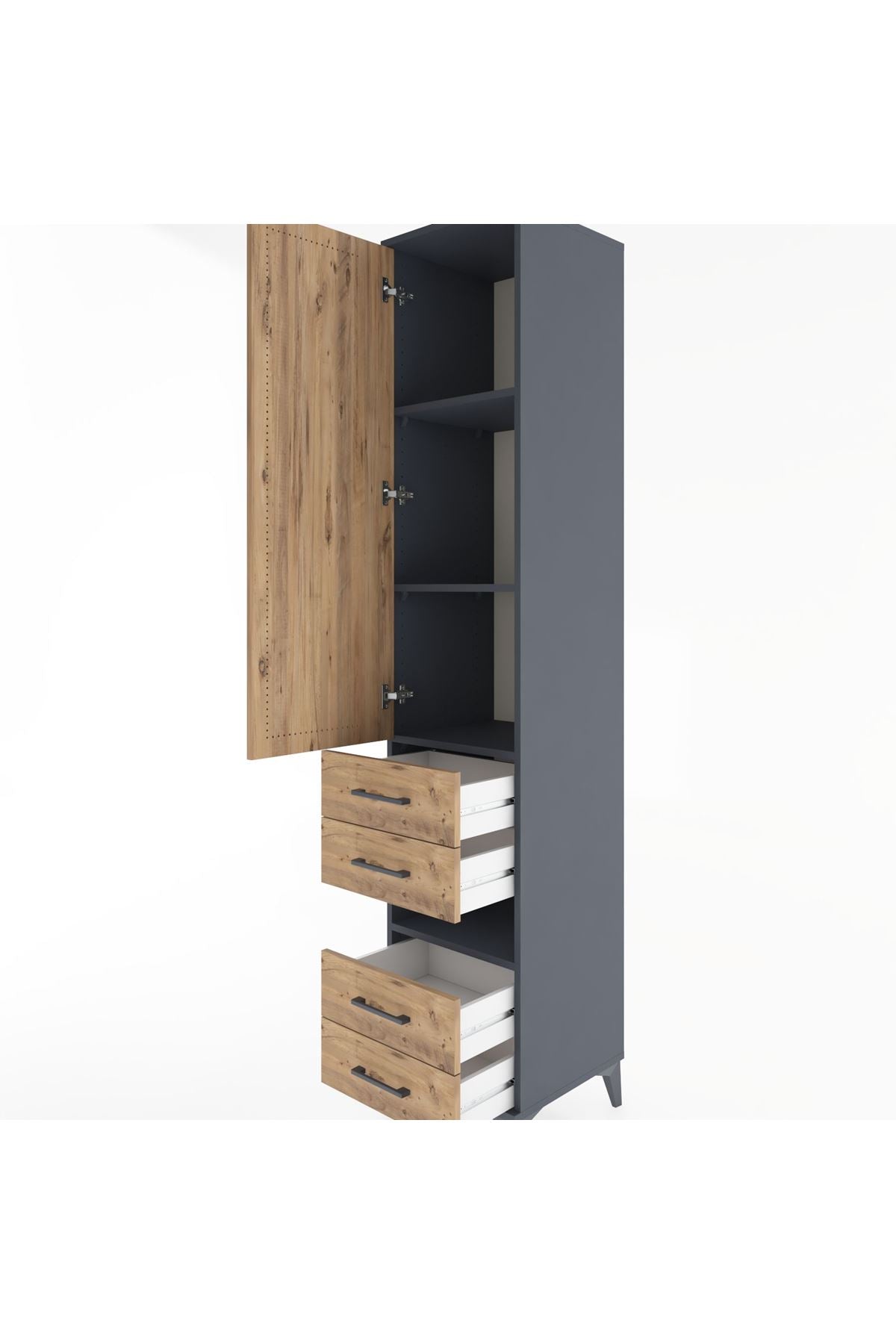 Hyperion Dolap 4 Raflı 4 Çekmeceli Tek Kapaklı 44x44x221 Antrasit-Çam