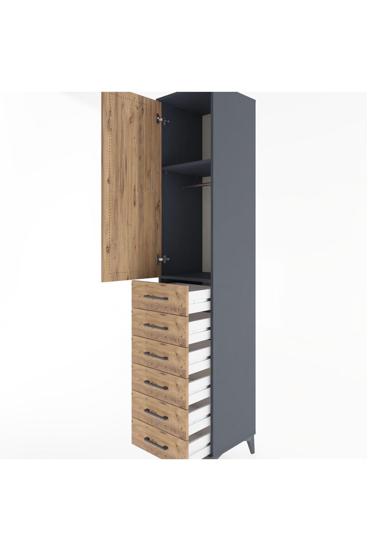 Hyperion Dolap 2 Raflı 6 Çekmeceli Tek Askılı 44x44x221 Antrasit-Çam