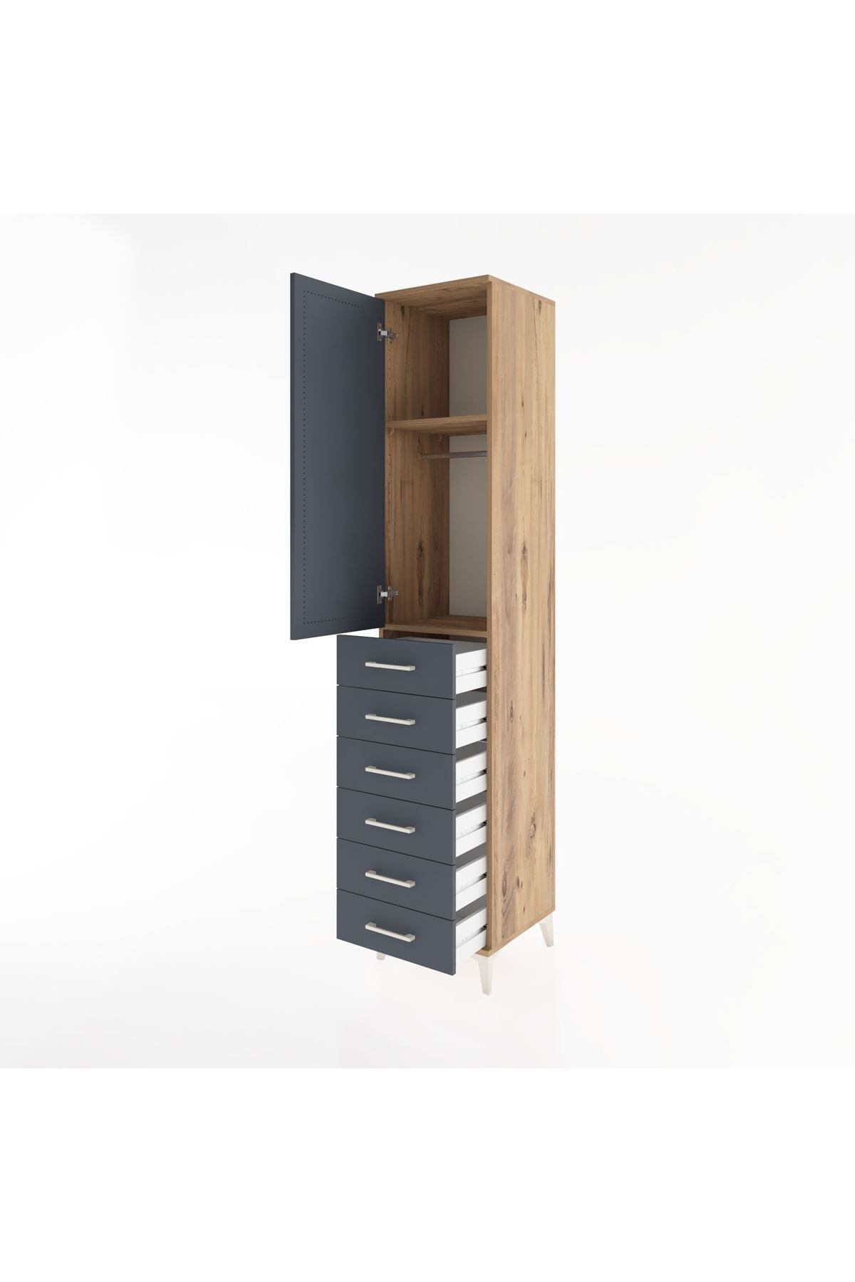 Hyperion Dolap 2 Raflı 6 Çekmeceli Tek Askılı 44x44x221 Çam-Antrasit