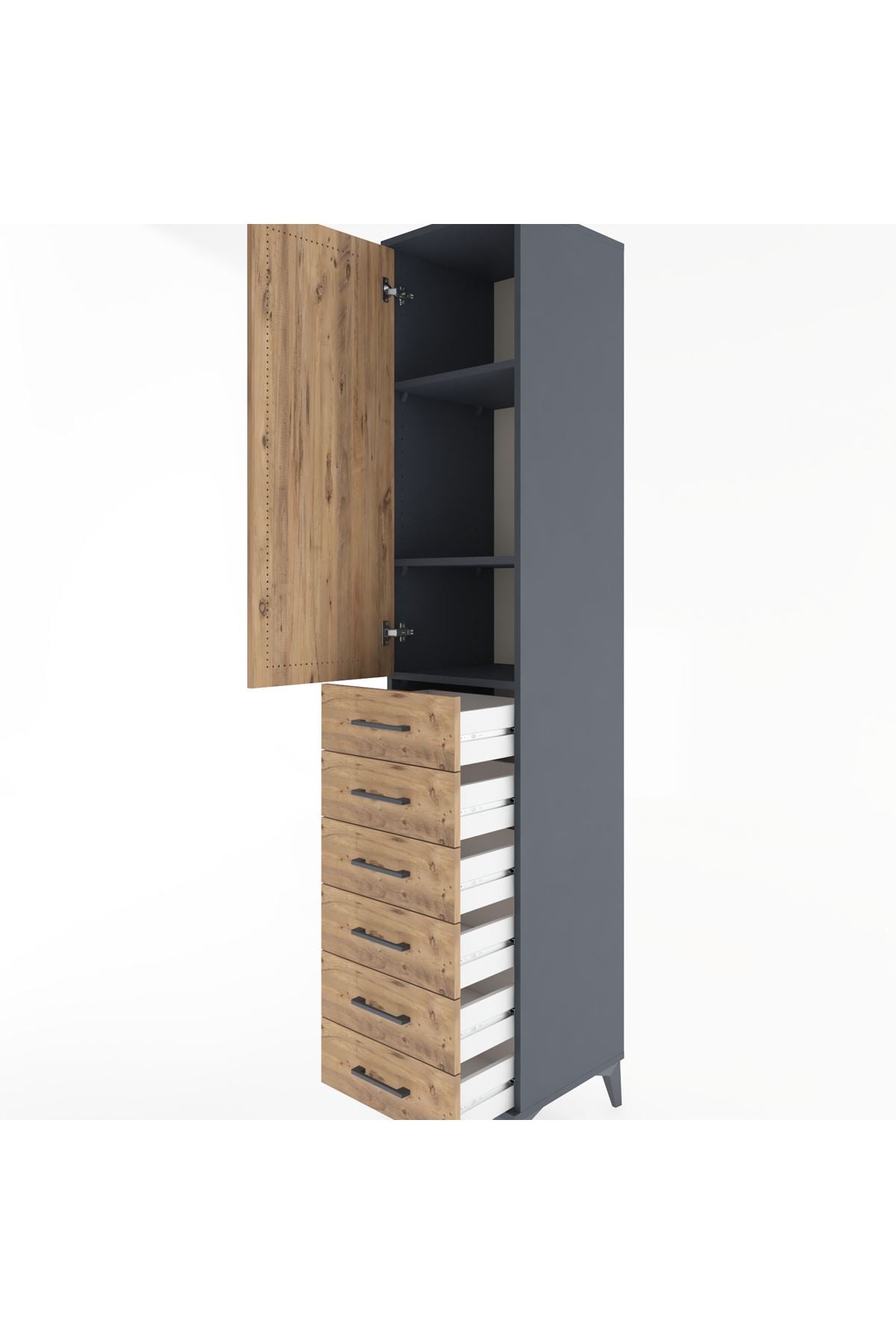 Hyperion Dolap 3 Raflı 6 Çekmeceli Tek Kapaklı 44x44x221 Antrasit-Çam