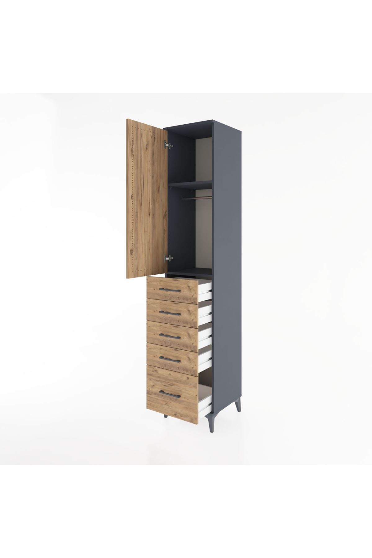 Hyperion Dolap 2 Raflı 5 Çekmeceli Tek Askılı 44x44x221 Antrasit-Çam