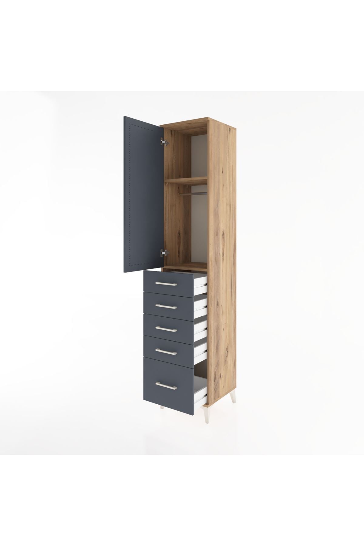 Hyperion Dolap 2 Raflı 5 Çekmeceli Tek Askılı 44x44x221 Çam-Antrasit