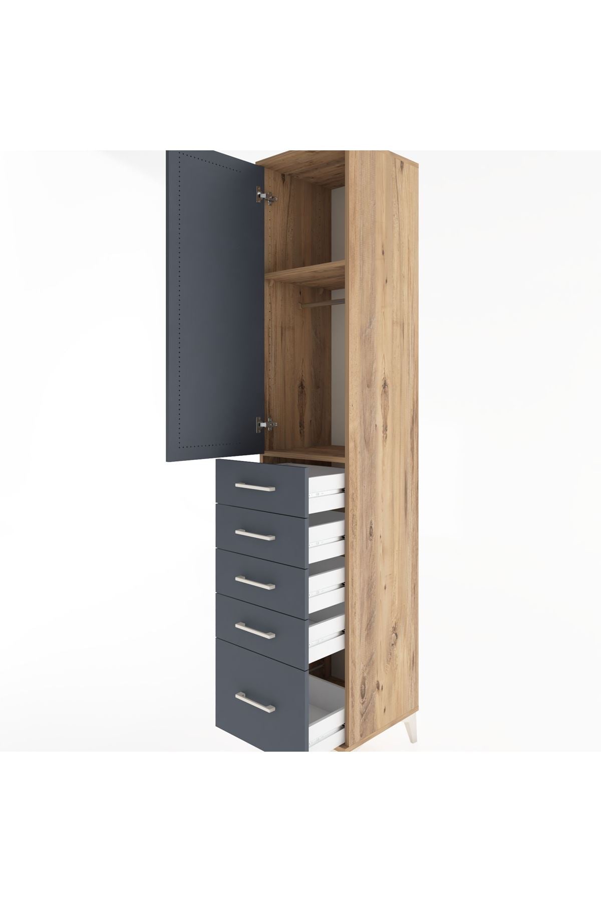 Hyperion Dolap 2 Raflı 5 Çekmeceli Tek Askılı 44x44x221 Çam-Antrasit