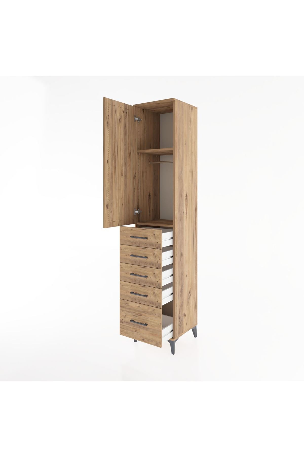 Hyperion Dolap 2 Raflı 5 Çekmeceli Tek Askılı 44x44x221 Çam-Çam