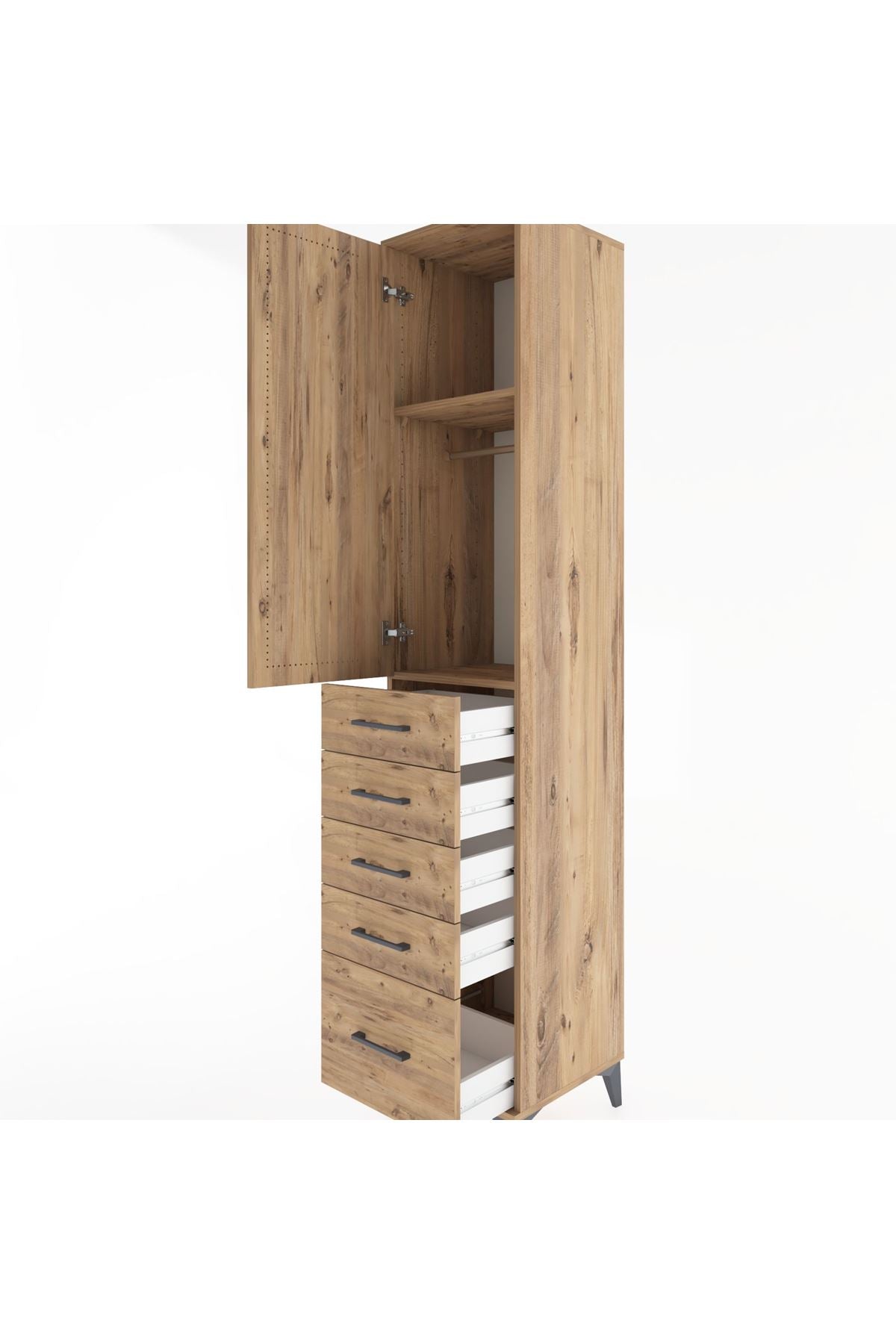 Hyperion Dolap 2 Raflı 5 Çekmeceli Tek Askılı 44x44x221 Çam-Çam