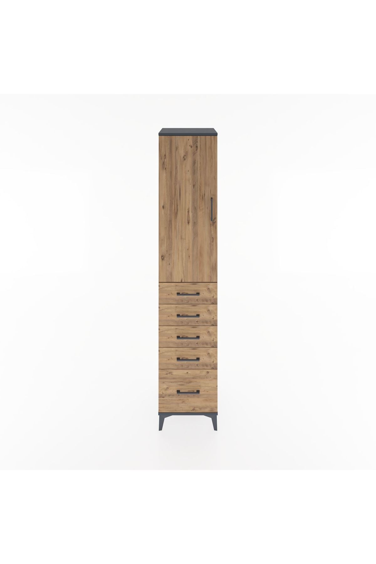 Hyperion Dolap 3 Raflı 5 Çekmeceli Tek Kapaklı 44x44x221 Antrasit-Çam