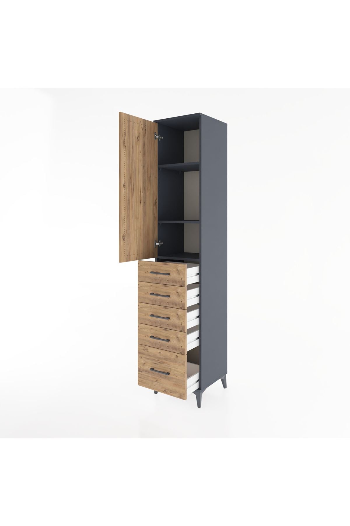 Hyperion Dolap 3 Raflı 5 Çekmeceli Tek Kapaklı 44x44x221 Antrasit-Çam