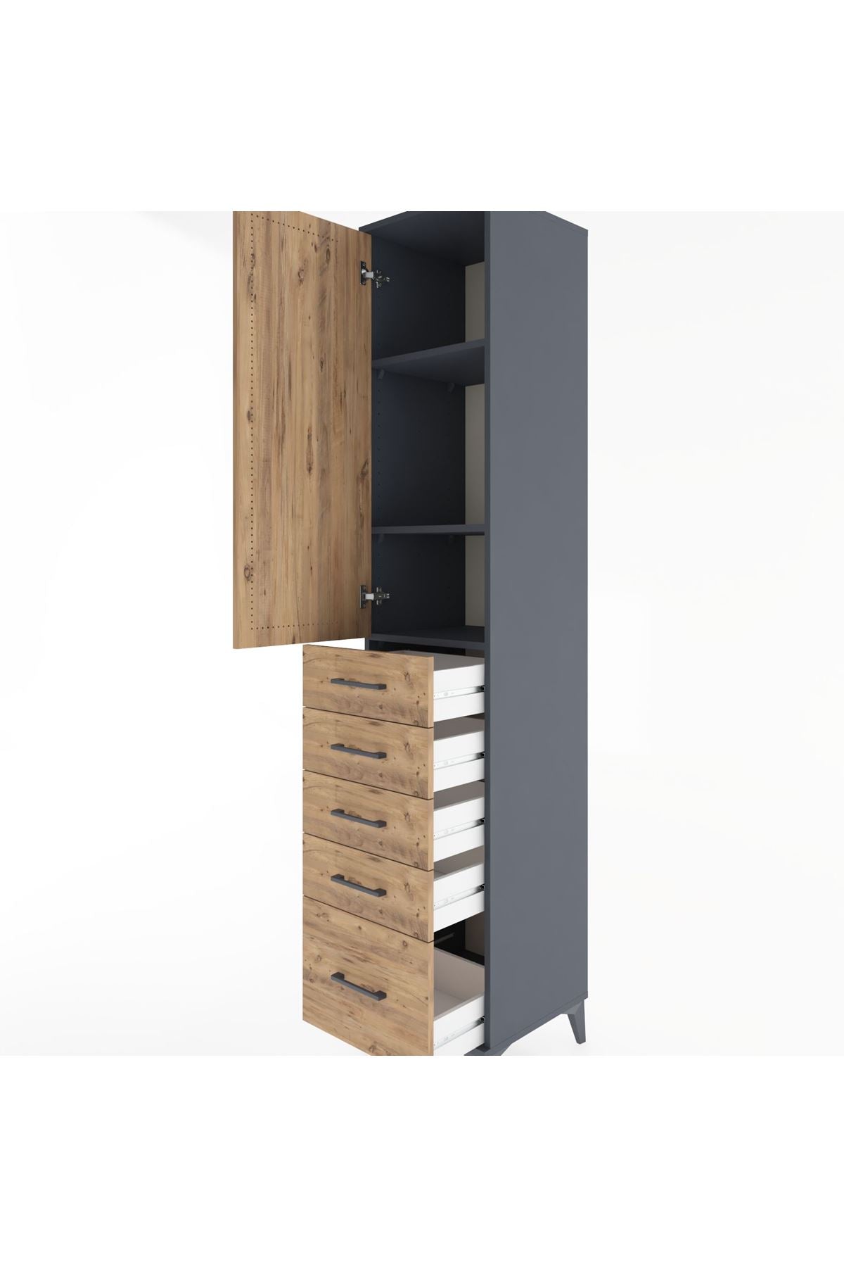 Hyperion Dolap 3 Raflı 5 Çekmeceli Tek Kapaklı 44x44x221 Antrasit-Çam