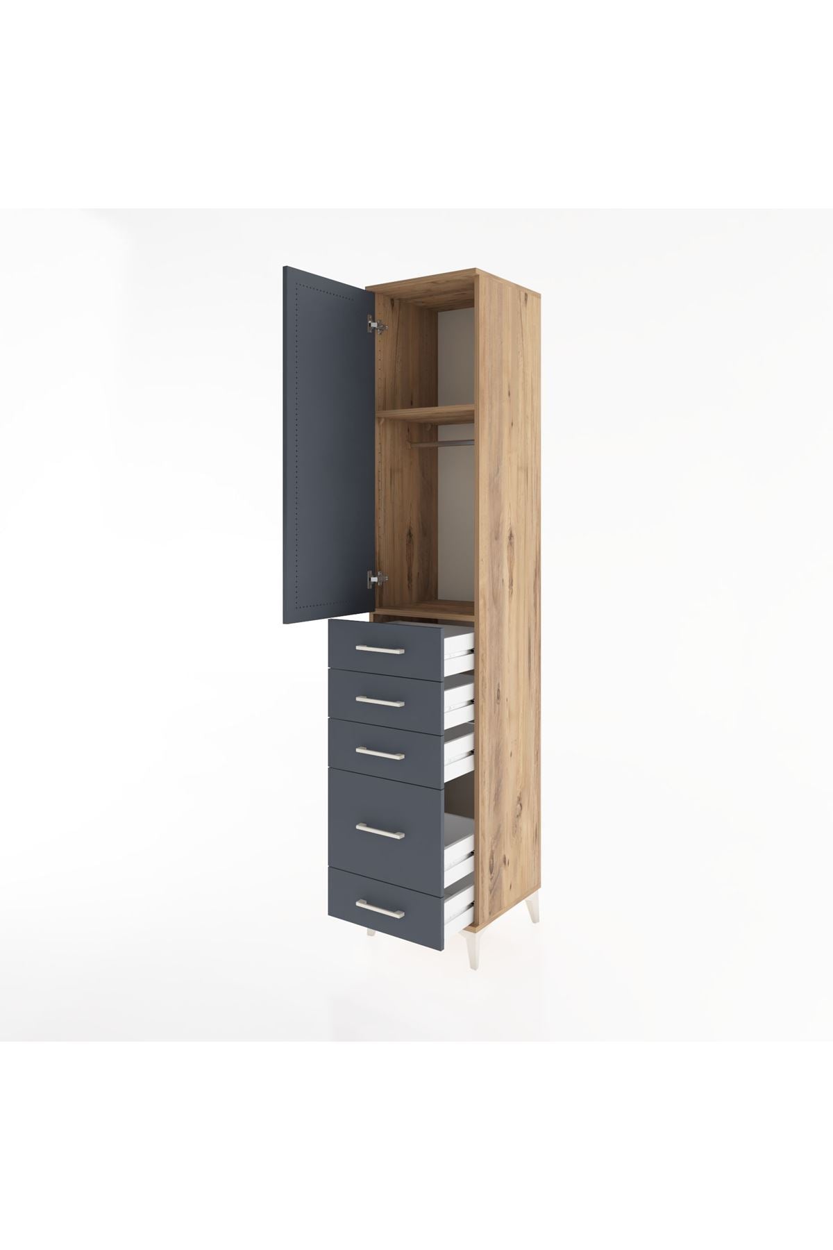 Hyperion Dolap 2 Raflı 5 Çekmeceli Tek Askılı 44x44x221 Çam-Antrasit