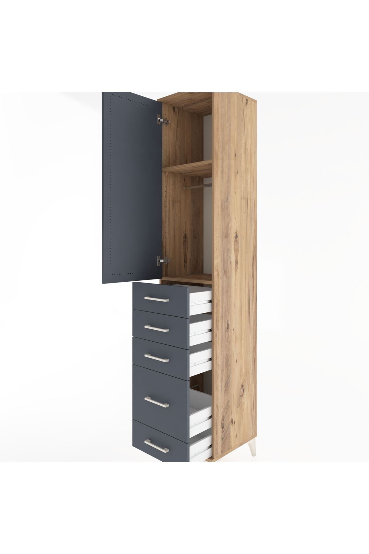 Hyperion Dolap 2 Raflı 5 Çekmeceli Tek Askılı 44x44x221 Çam-Antrasit