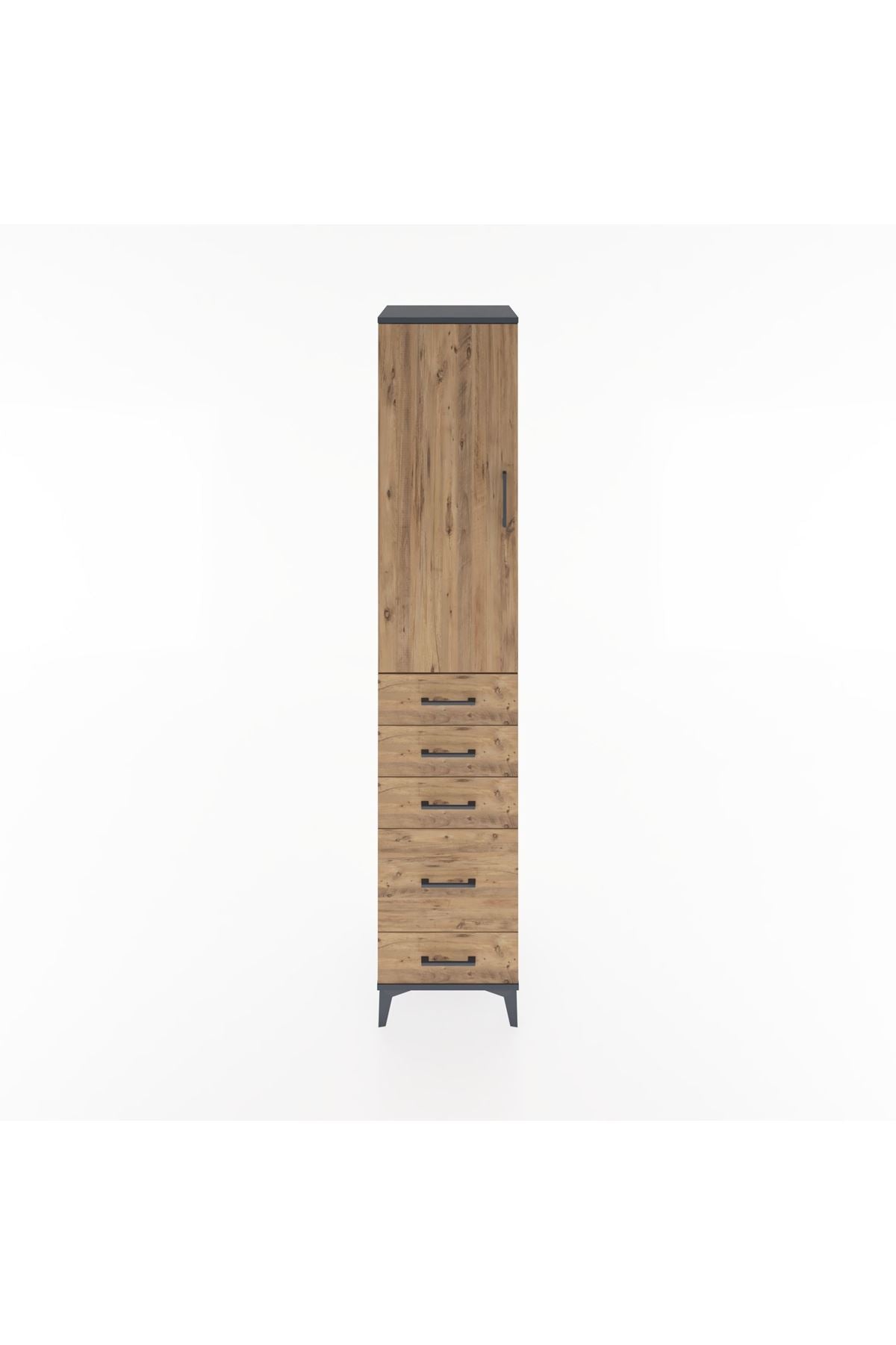 Hyperion Dolap 3 Raflı 5 Çekmeceli Tek Kapaklı 44x44x221 Antrasit-Çam