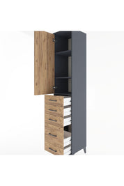 Hyperion Dolap 3 Raflı 5 Çekmeceli Tek Kapaklı 44x44x221 Antrasit-Çam