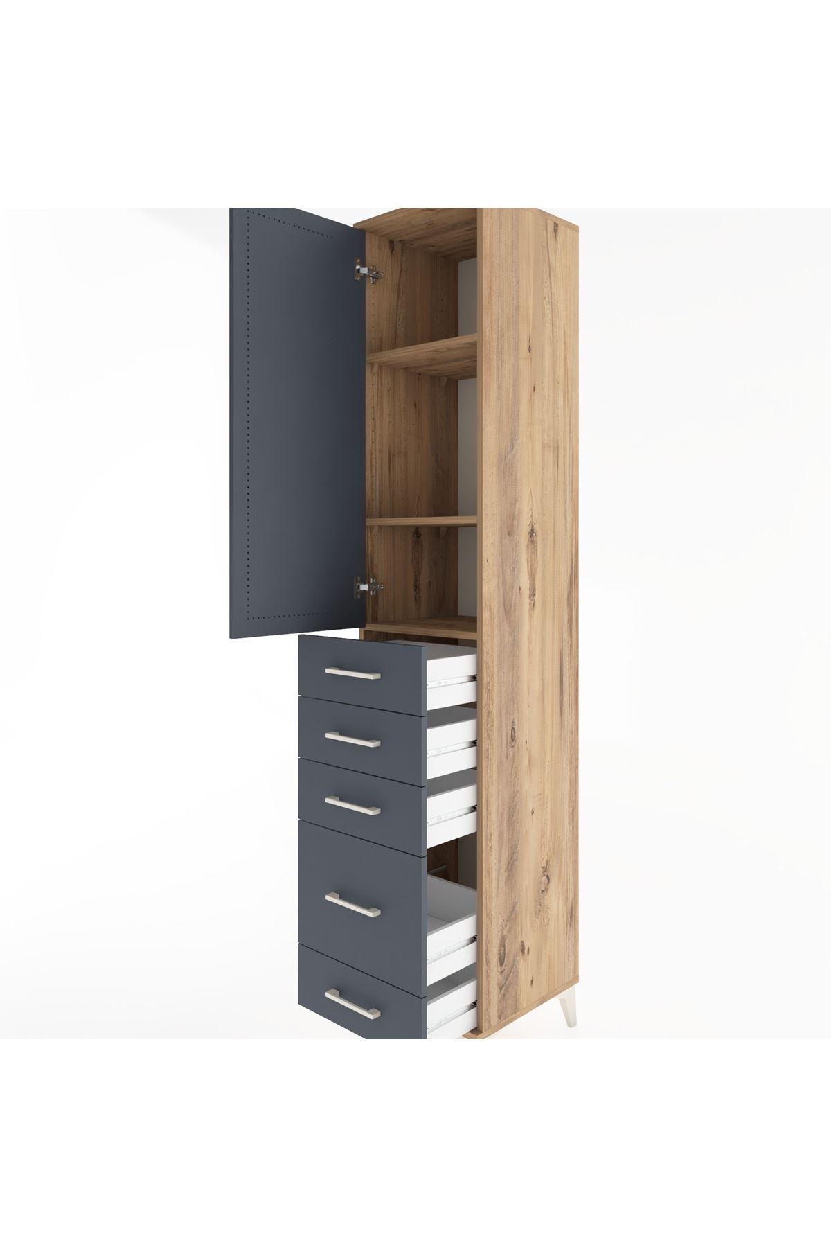 Hyperion Dolap 3 Raflı 5 Çekmeceli Tek Kapaklı 44x44x221 Çam-Antrasit