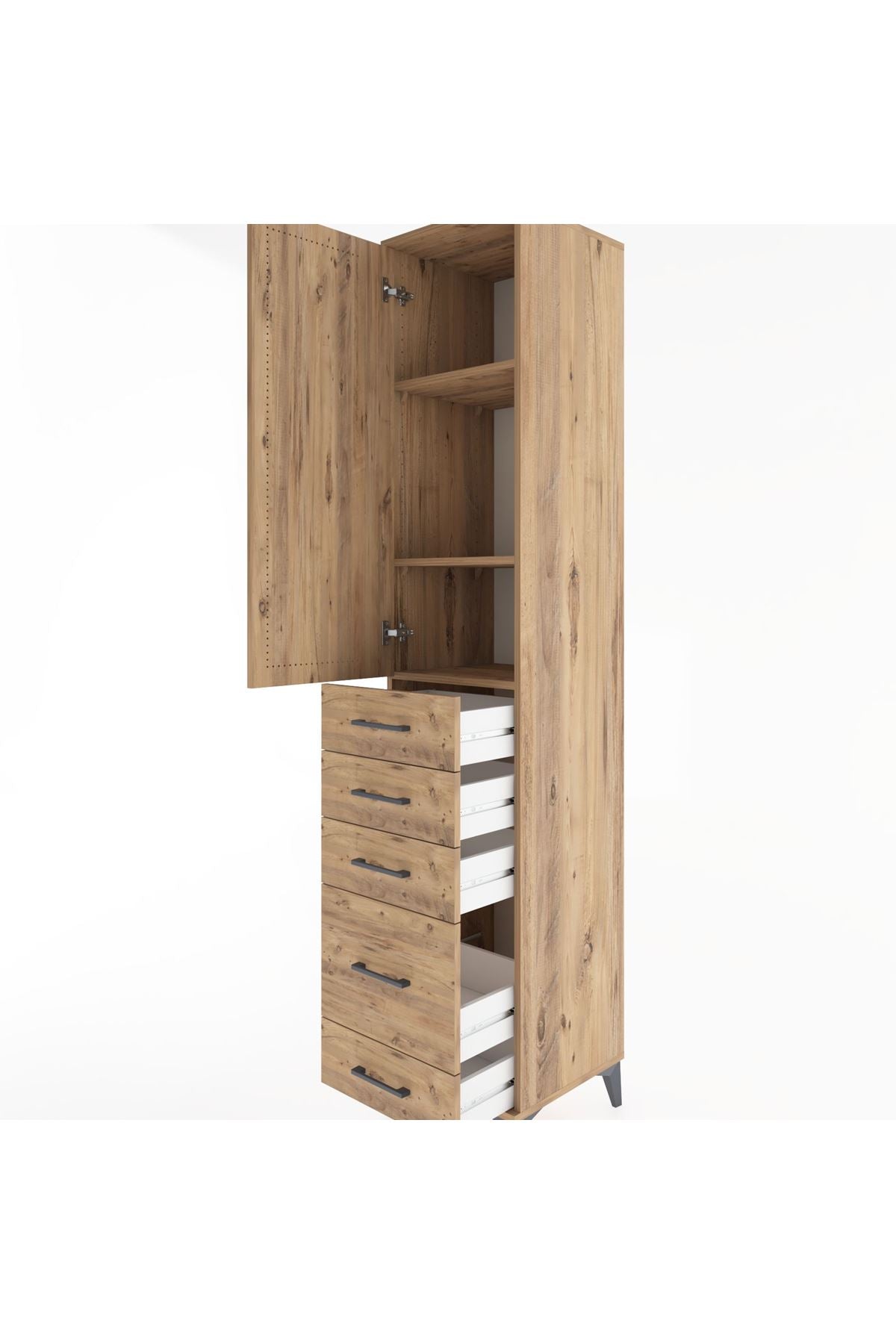 Hyperion Dolap 3 Raflı 5 Çekmeceli Tek Kapaklı 44x44x221 Çam-Çam