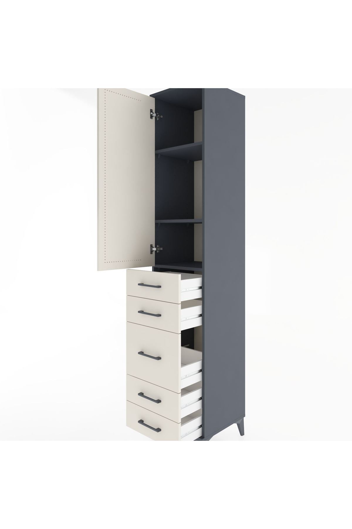 Hyperion Dolap 3 Raflı 5 Çekmeceli Tek Kapaklı 44x44x221 Antrasit-Aytaşı