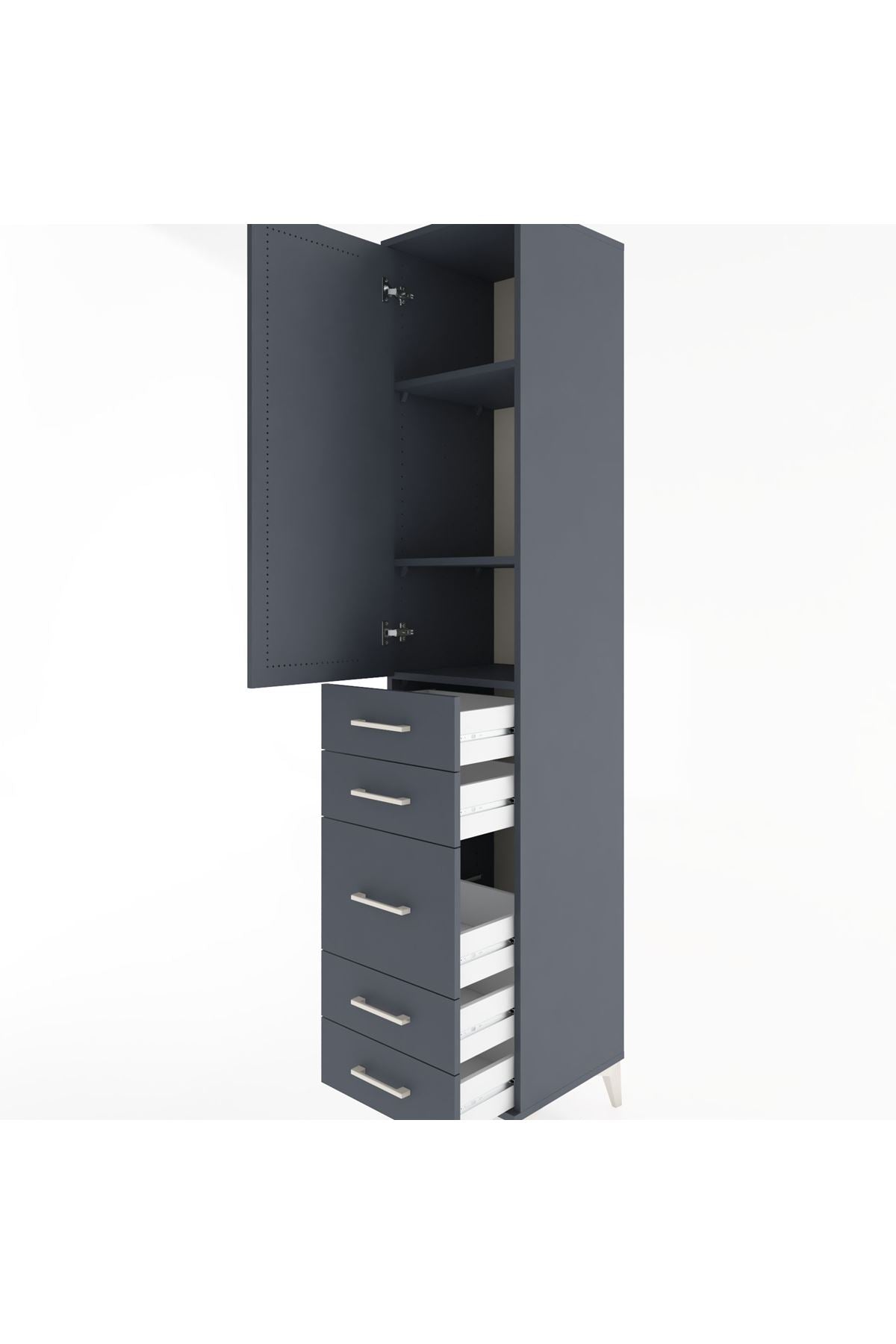 Hyperion Dolap 3 Raflı 5 Çekmeceli Tek Kapaklı 44x44x221 Antrasit-Antrasit
