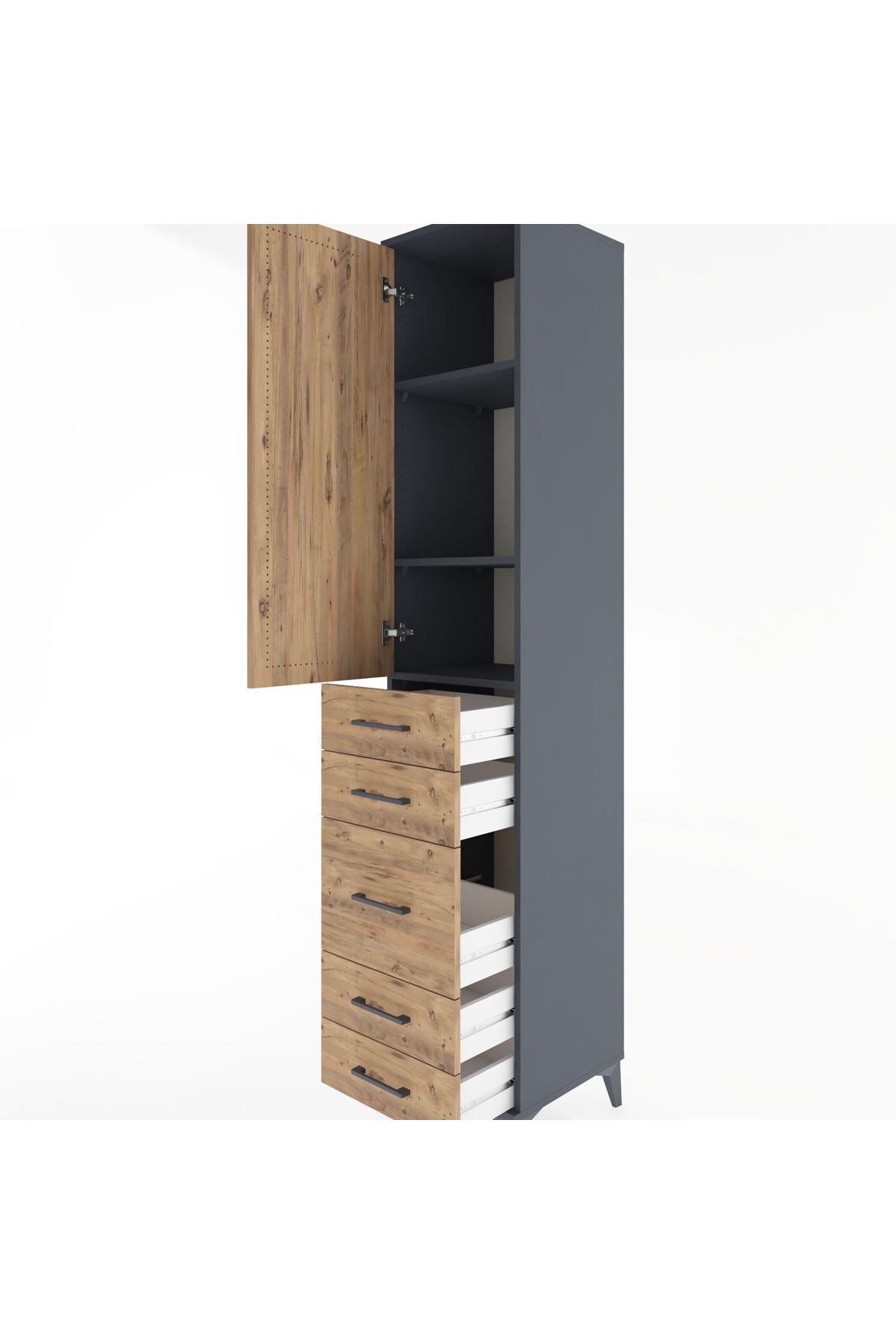 Hyperion Dolap 3 Raflı 5 Çekmeceli Tek Kapaklı 44x44x221 Antrasit-Çam