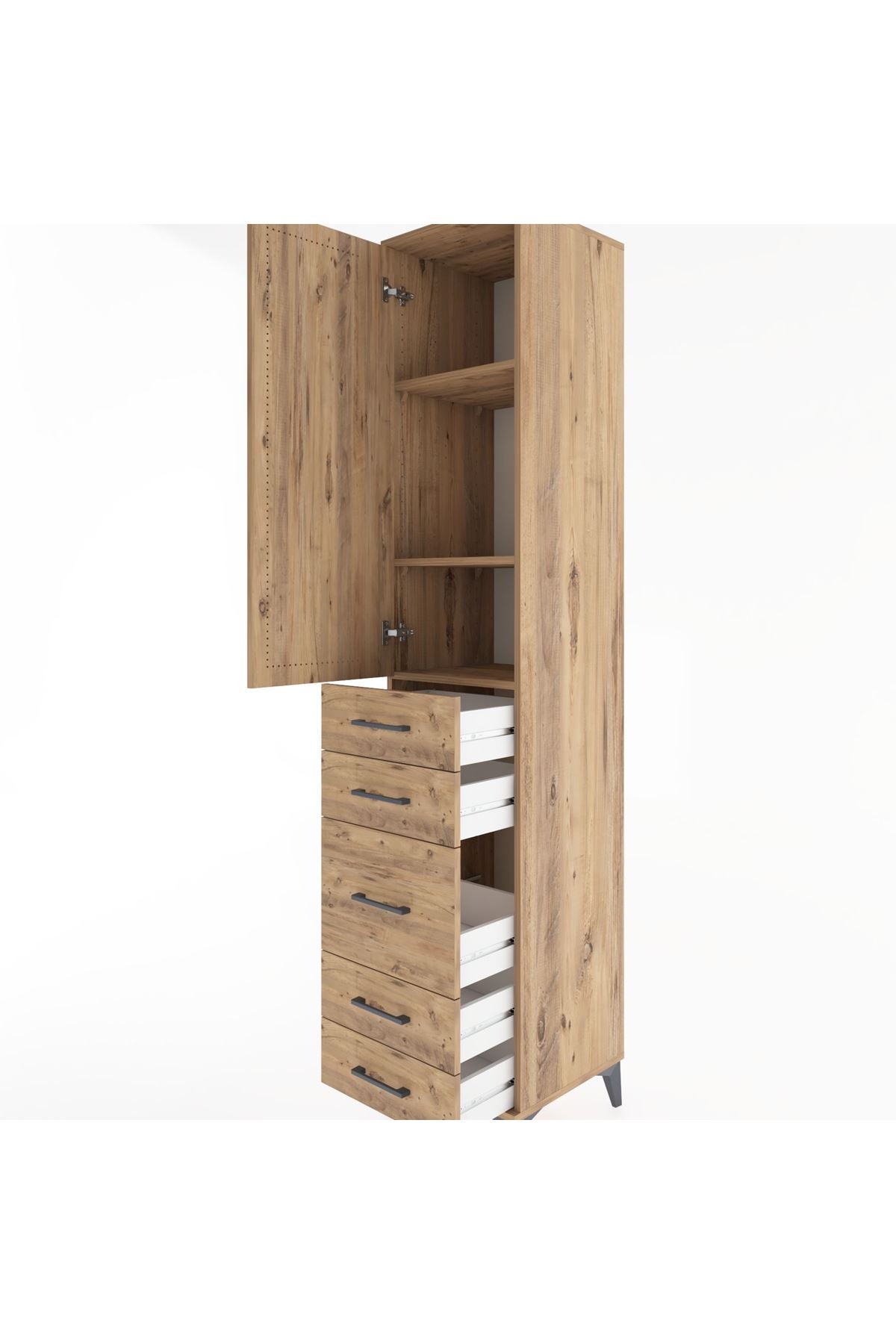 Hyperion Dolap 3 Raflı 5 Çekmeceli Tek Kapaklı 44x44x221 Çam-Çam