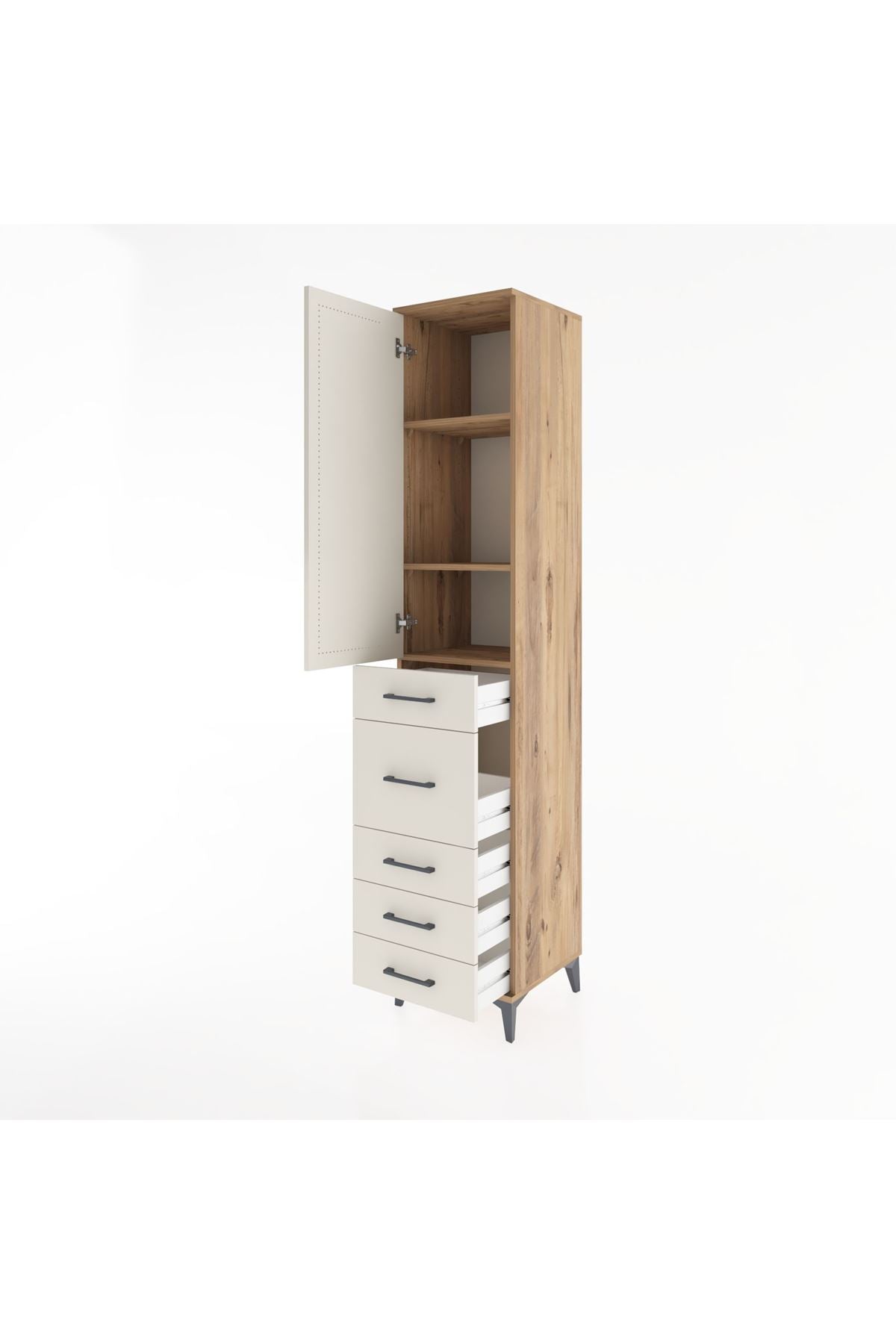 Hyperion Dolap 3 Raflı 5 Çekmeceli Tek Kapaklı 44x44x221 Çam-Aytaşı