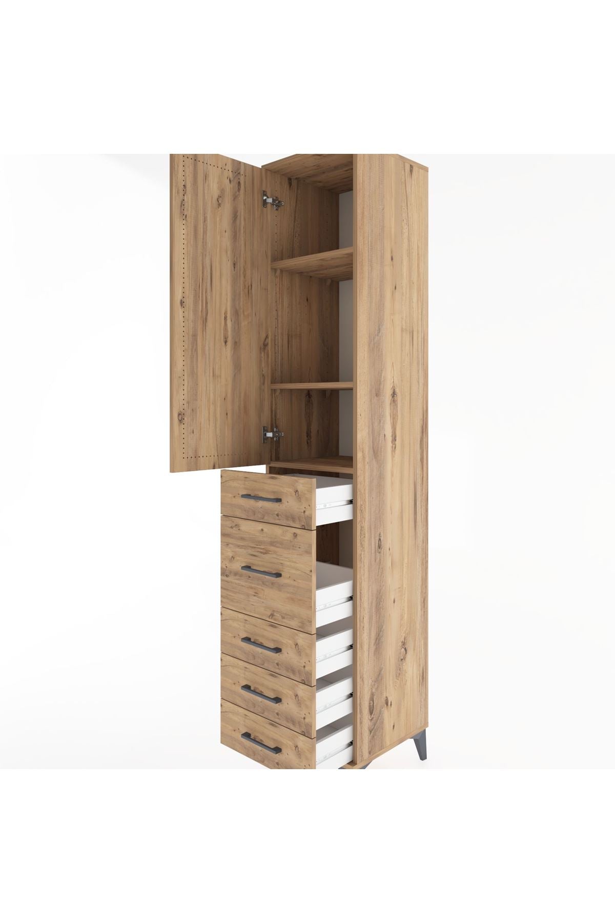 Hyperion Dolap 3 Raflı 5 Çekmeceli Tek Kapaklı 44x44x221 Çam-Çam