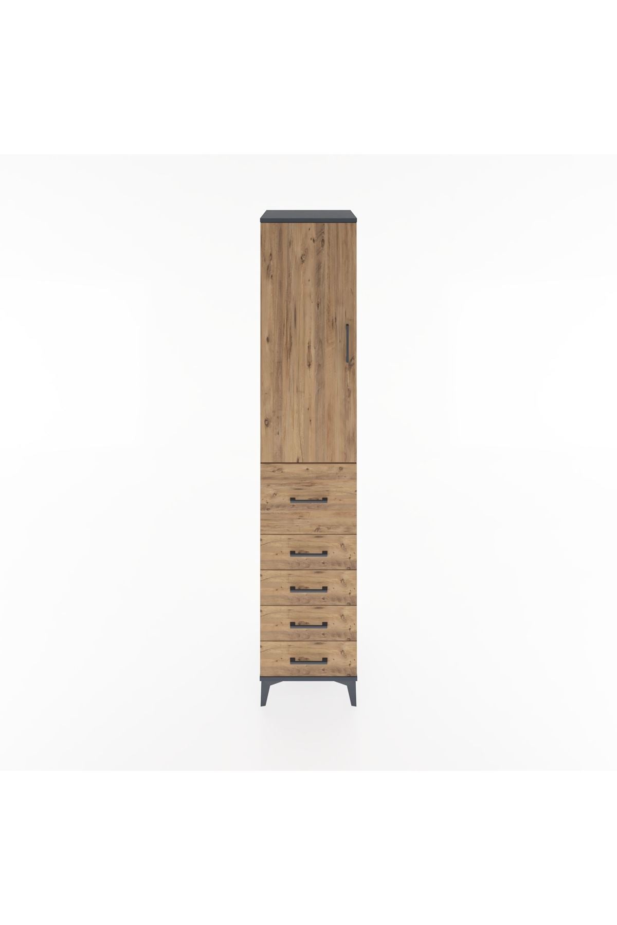 Hyperion Dolap 3 Raflı 5 Çekmeceli Tek Kapaklı 44x44x221 Antrasit-Çam