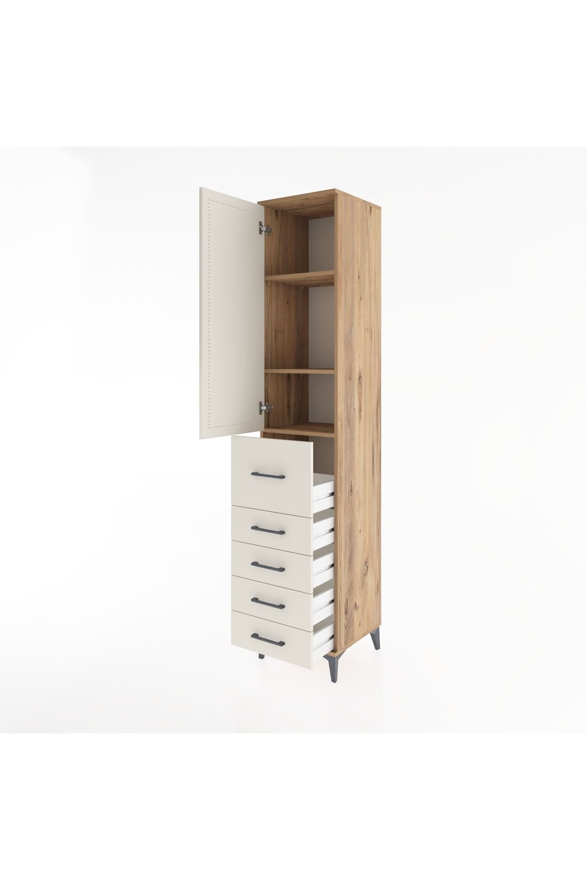 Hyperion Dolap 3 Raflı 5 Çekmeceli Tek Kapaklı 44x44x221 Çam-Aytaşı