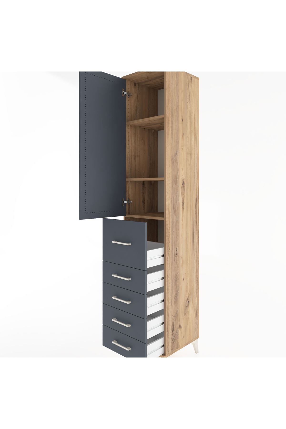 Hyperion Dolap 3 Raflı 5 Çekmeceli Tek Kapaklı 44x44x221 Çam-Antrasit