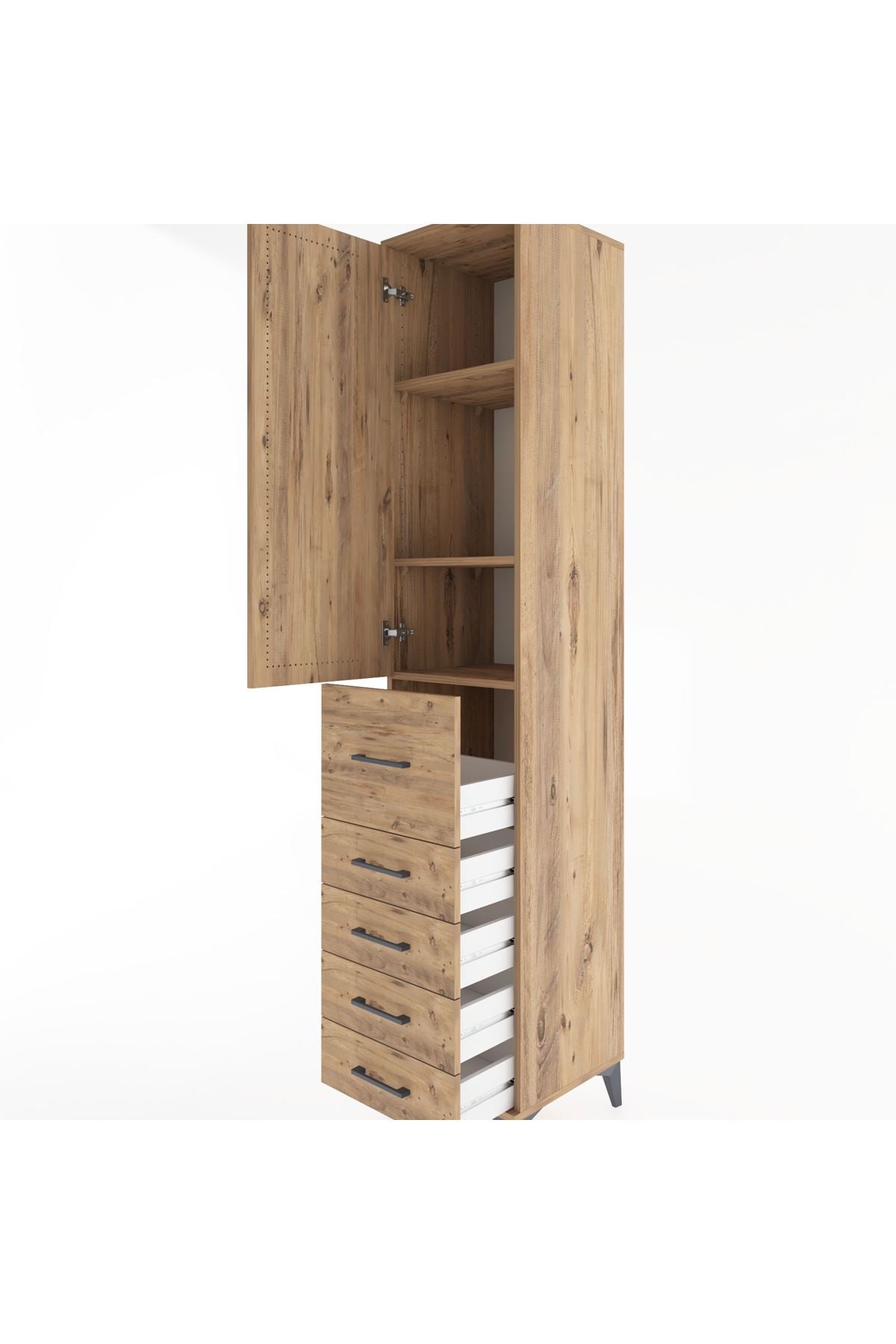 Hyperion Dolap 3 Raflı 5 Çekmeceli Tek Kapaklı 44x44x221 Çam-Çam