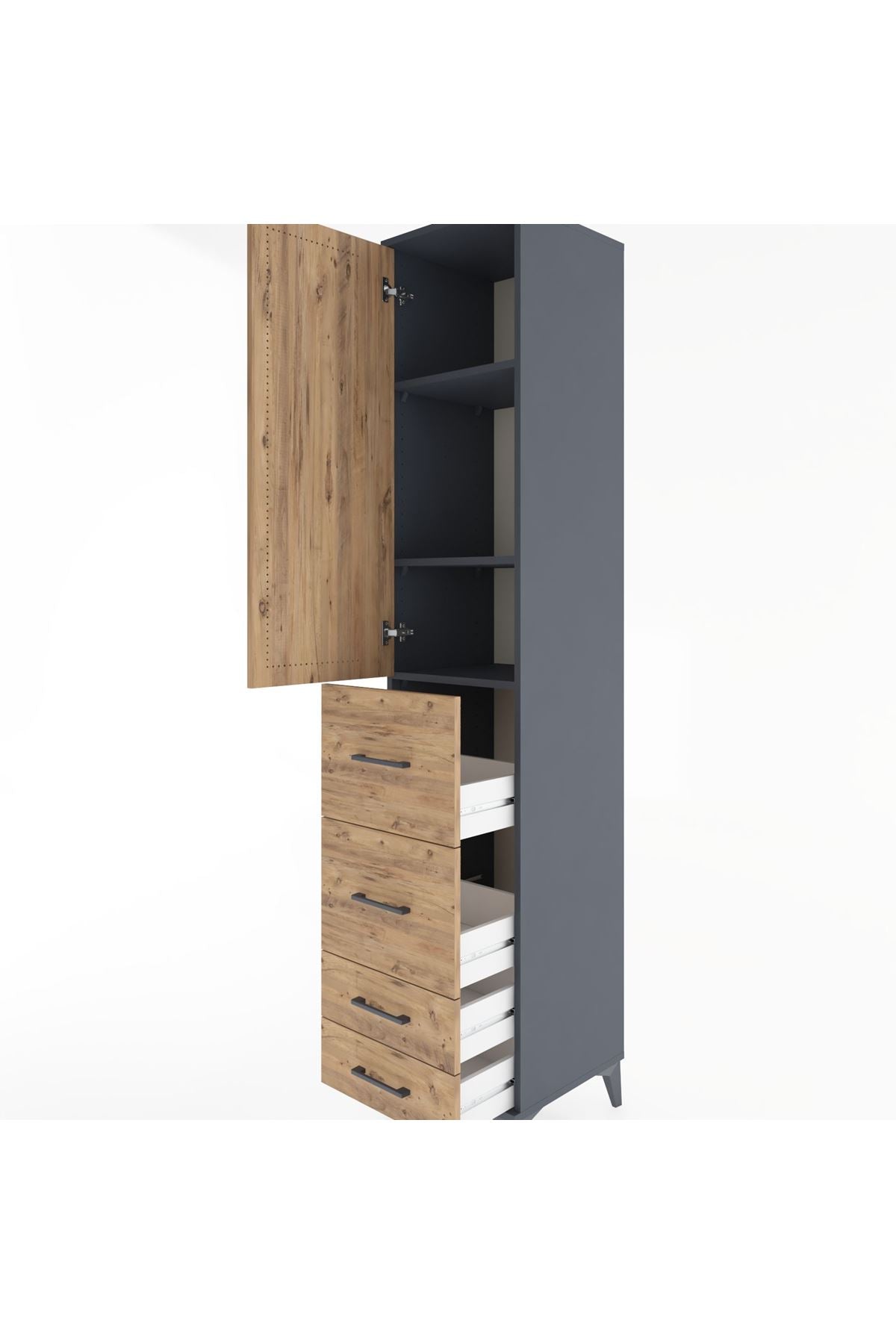 Hyperion Dolap 3 Raflı 4 Çekmeceli Tek Kapaklı 44x44x221 Antrasit-Çam