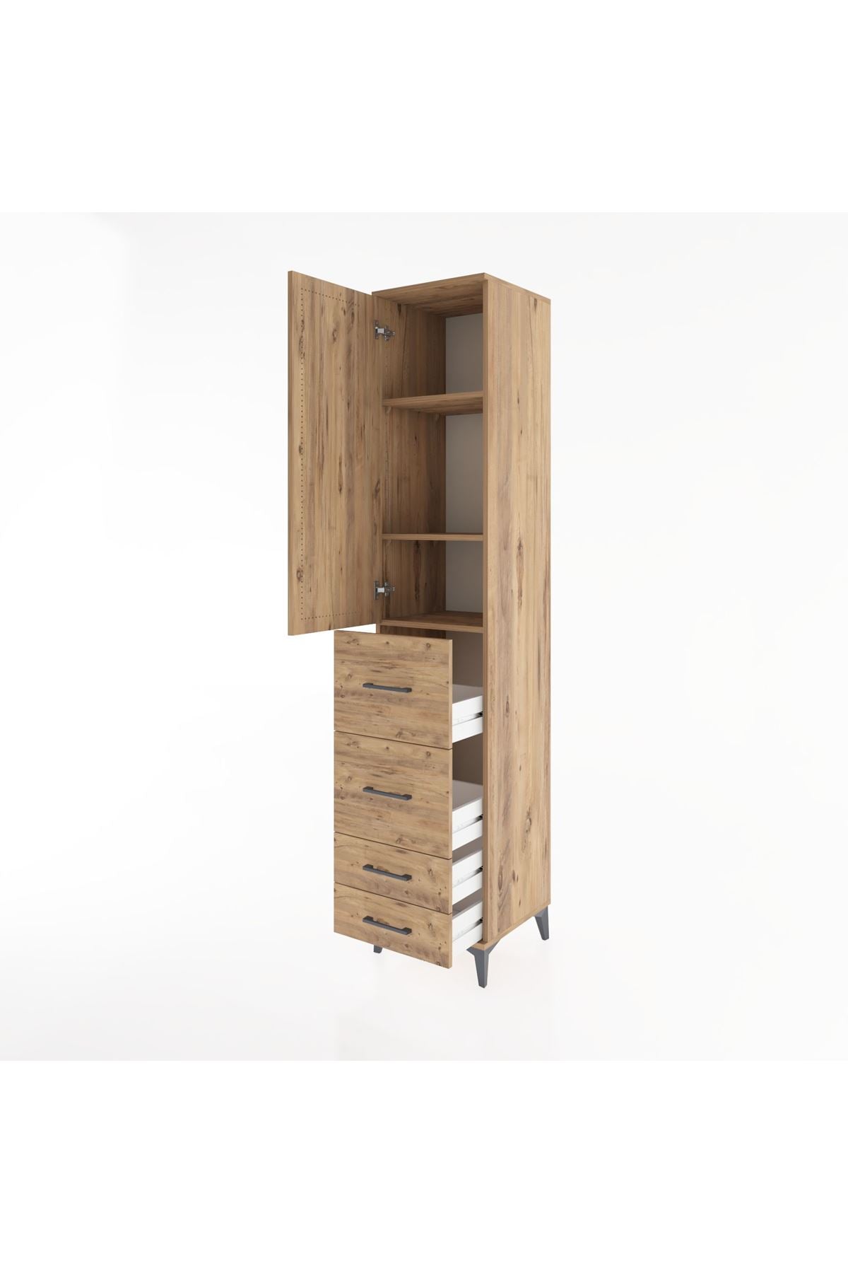 Hyperion Dolap 3 Raflı 4 Çekmeceli Tek Kapaklı 44x44x221 Çam-Çam