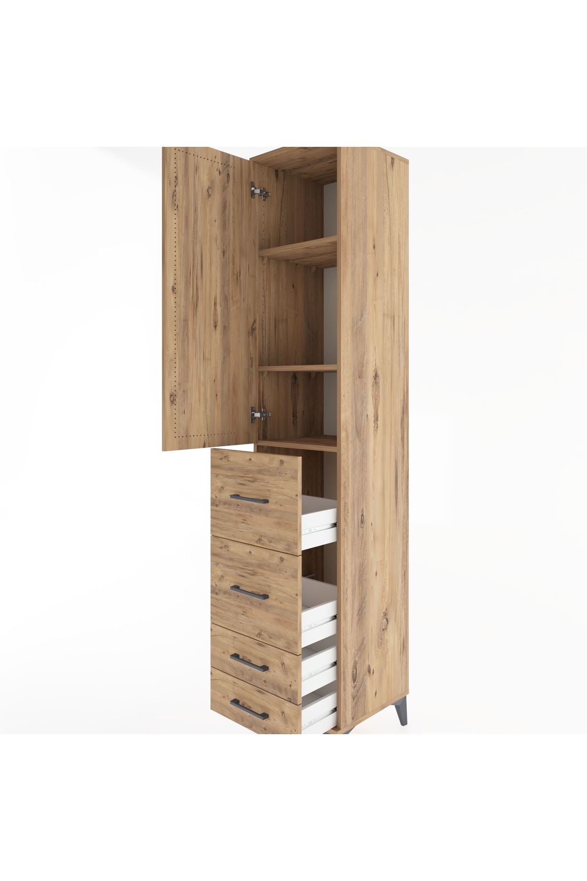 Hyperion Dolap 3 Raflı 4 Çekmeceli Tek Kapaklı 44x44x221 Çam-Çam