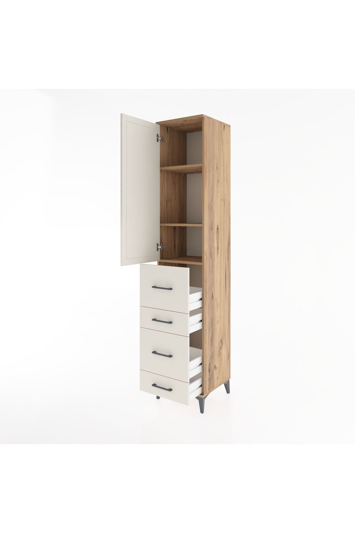 Hyperion Dolap 3 Raflı 4 Çekmeceli Tek Kapaklı 44x44x221 Çam-Aytaşı