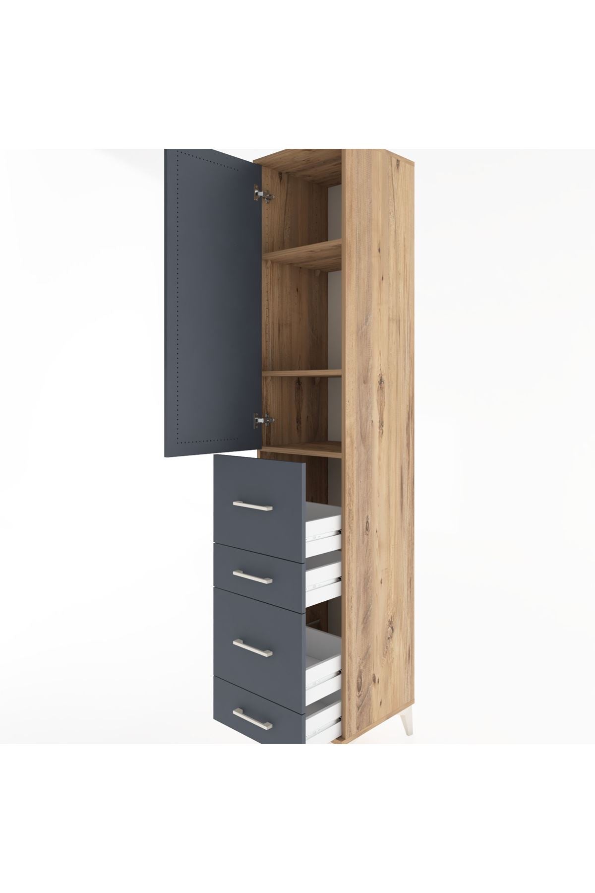 Hyperion Dolap 3 Raflı 4 Çekmeceli Tek Kapaklı 44x44x221 Çam-Antrasit