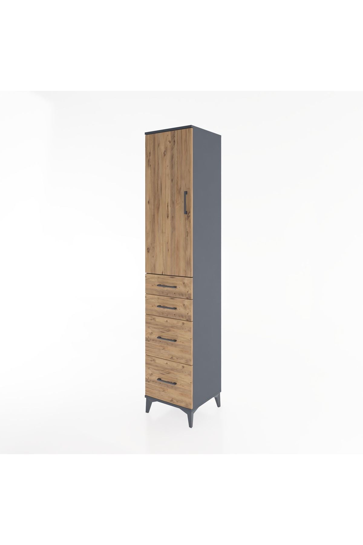 Hyperion Dolap 3 Raflı 4 Çekmeceli Tek Kapaklı 44x44x221 Antrasit-Çam